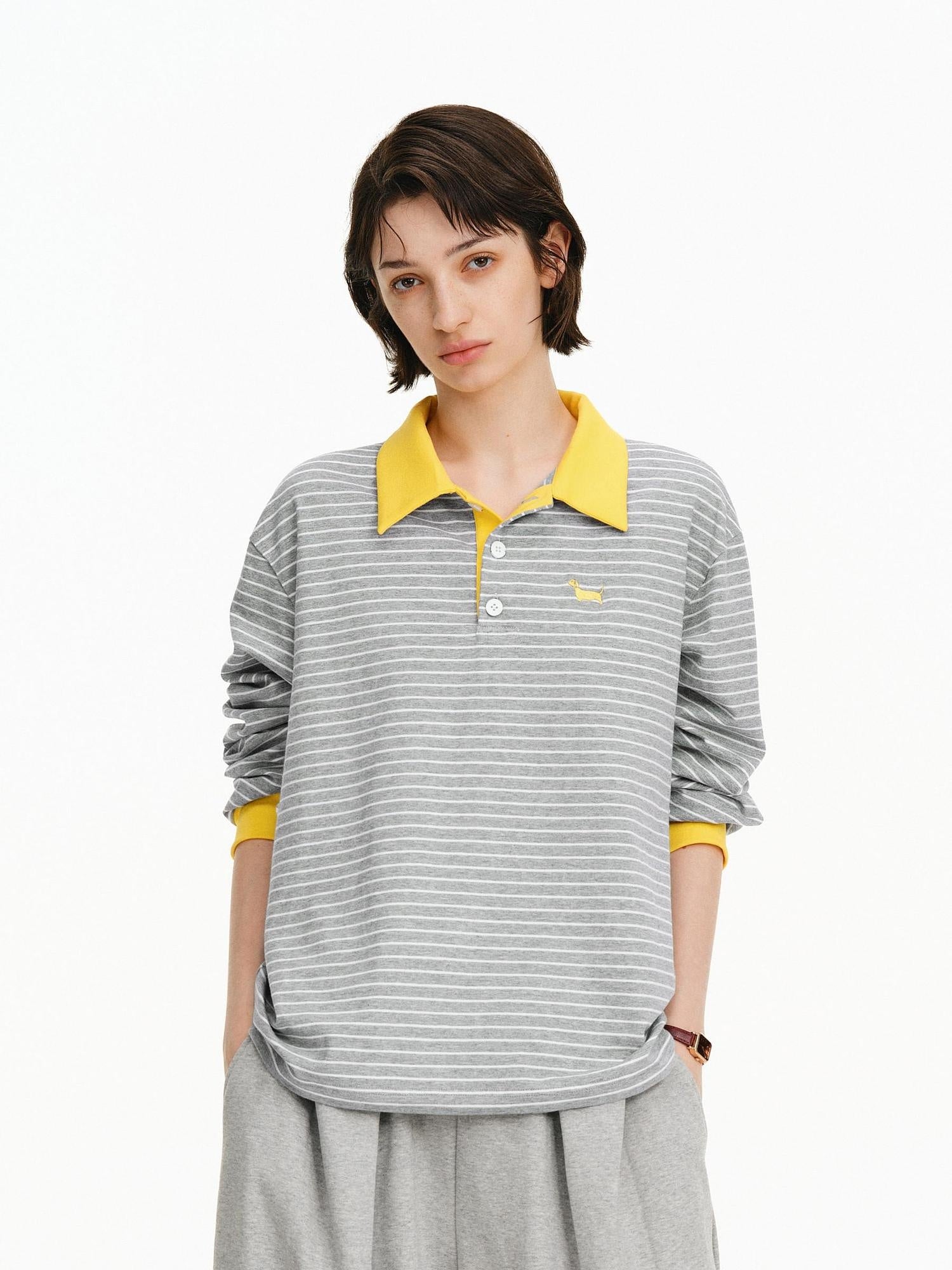 PCLP Breathable Cotton Blend Embroidered Chest Loose Unisex Polo Long Sleeve T-Shirt