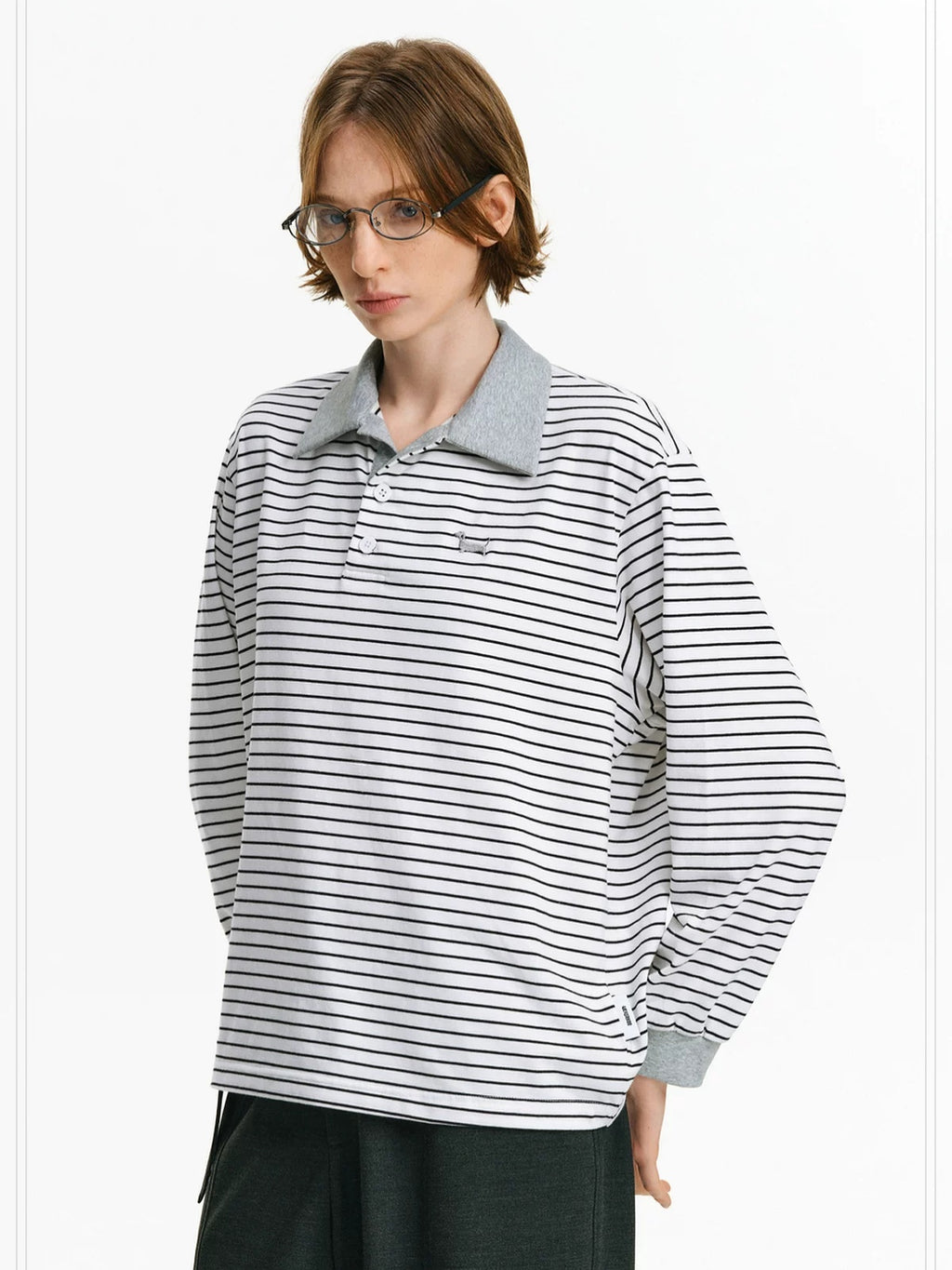 PCLP Breathable Cotton Blend Embroidered Chest Loose Unisex Polo Long Sleeve T-Shirt