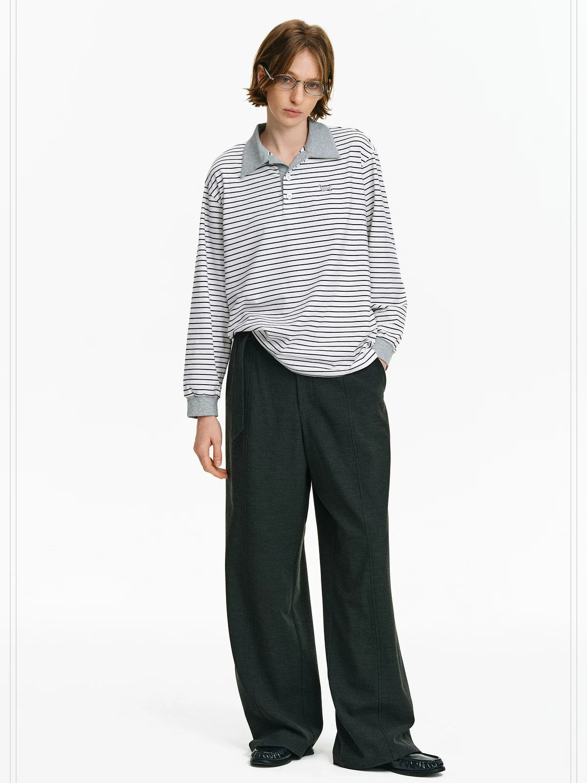 PCLP Breathable Cotton Blend Embroidered Chest Loose Unisex Polo Long Sleeve T-Shirt