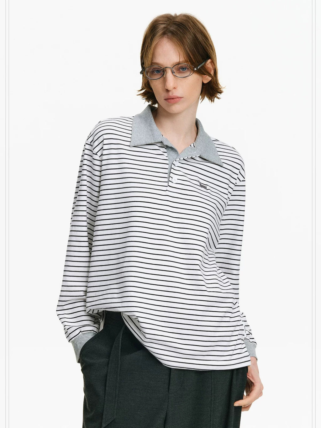 PCLP Breathable Cotton Blend Embroidered Chest Loose Unisex Polo Long Sleeve T-Shirt