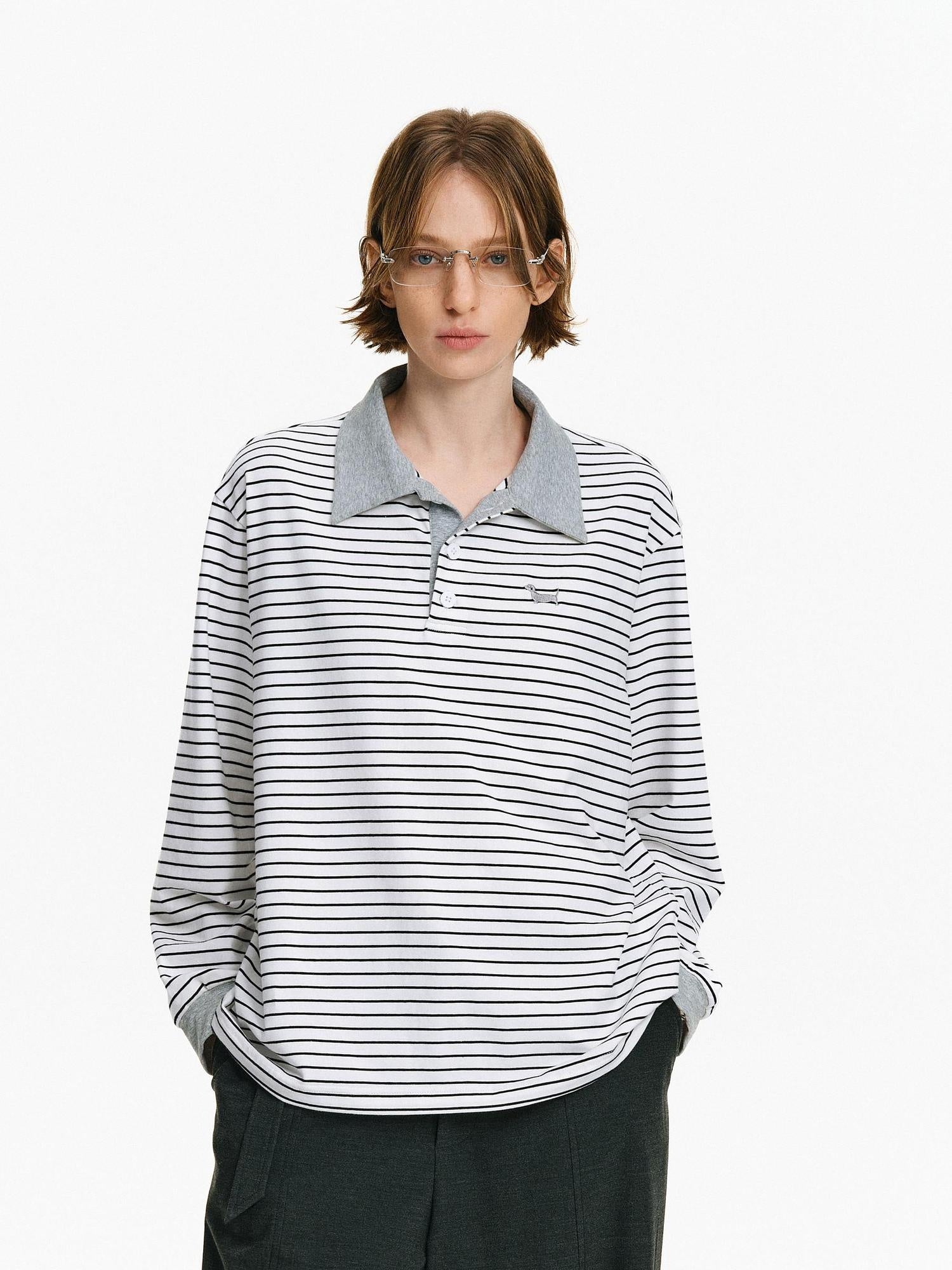 PCLP Breathable Cotton Blend Embroidered Chest Loose Unisex Polo Long Sleeve T-Shirt