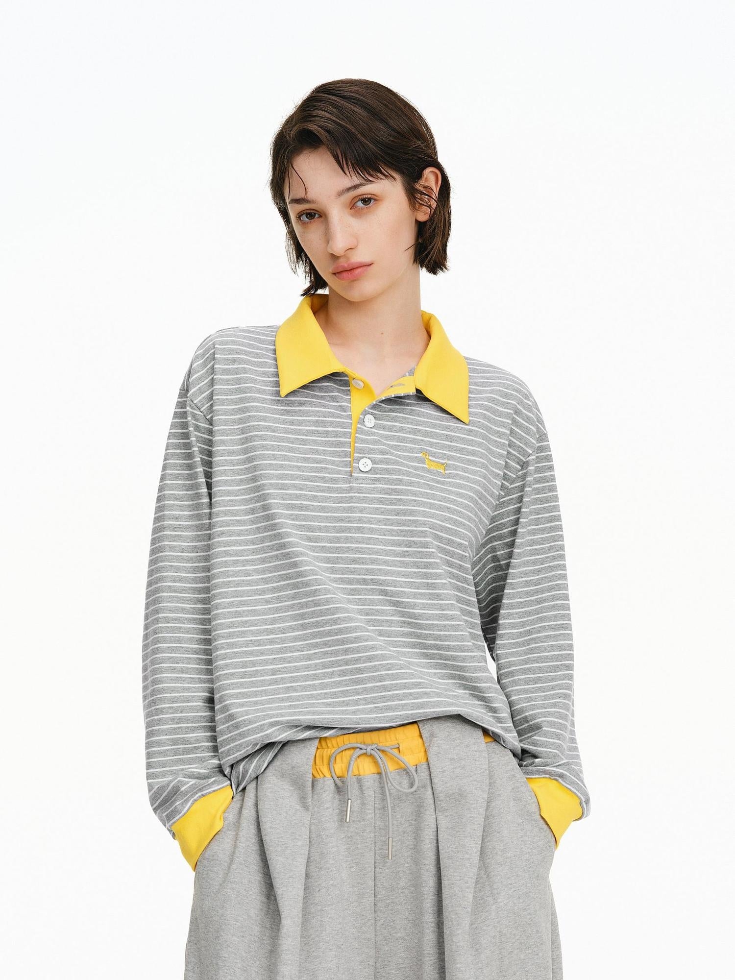 PCLP Breathable Cotton Blend Embroidered Chest Loose Unisex Polo Long Sleeve T-Shirt