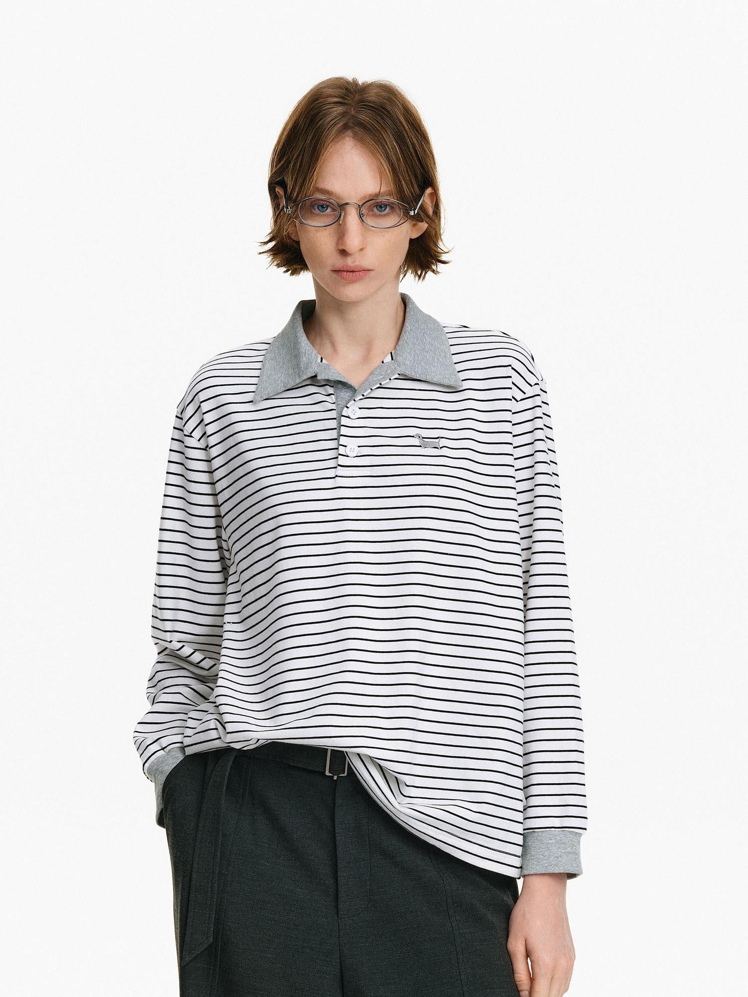 PCLP Breathable Cotton Blend Embroidered Chest Loose Unisex Polo Long Sleeve T-Shirt