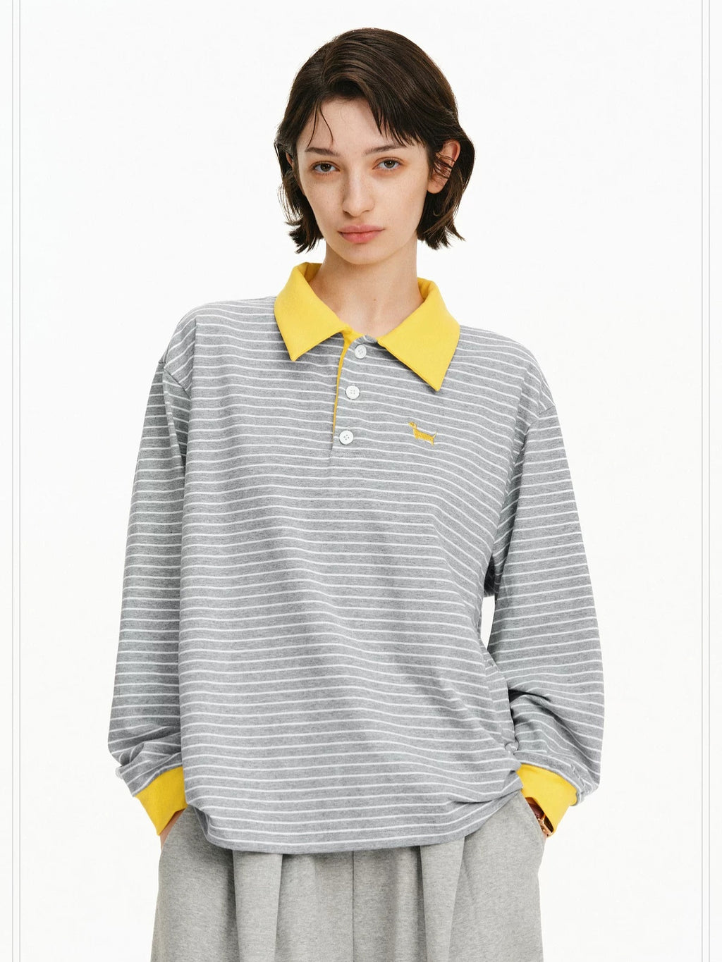 PCLP Breathable Cotton Blend Embroidered Chest Loose Unisex Polo Long Sleeve T-Shirt