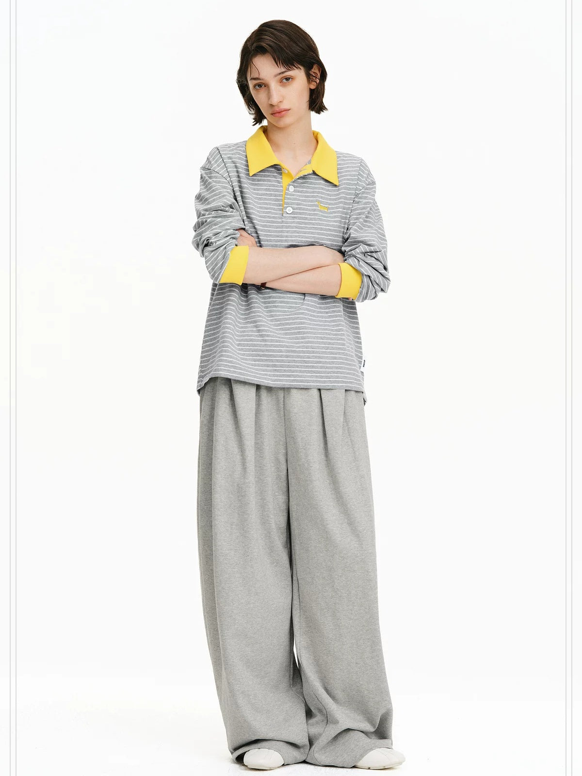 PCLP Breathable Cotton Blend Embroidered Chest Loose Unisex Polo Long Sleeve T-Shirt