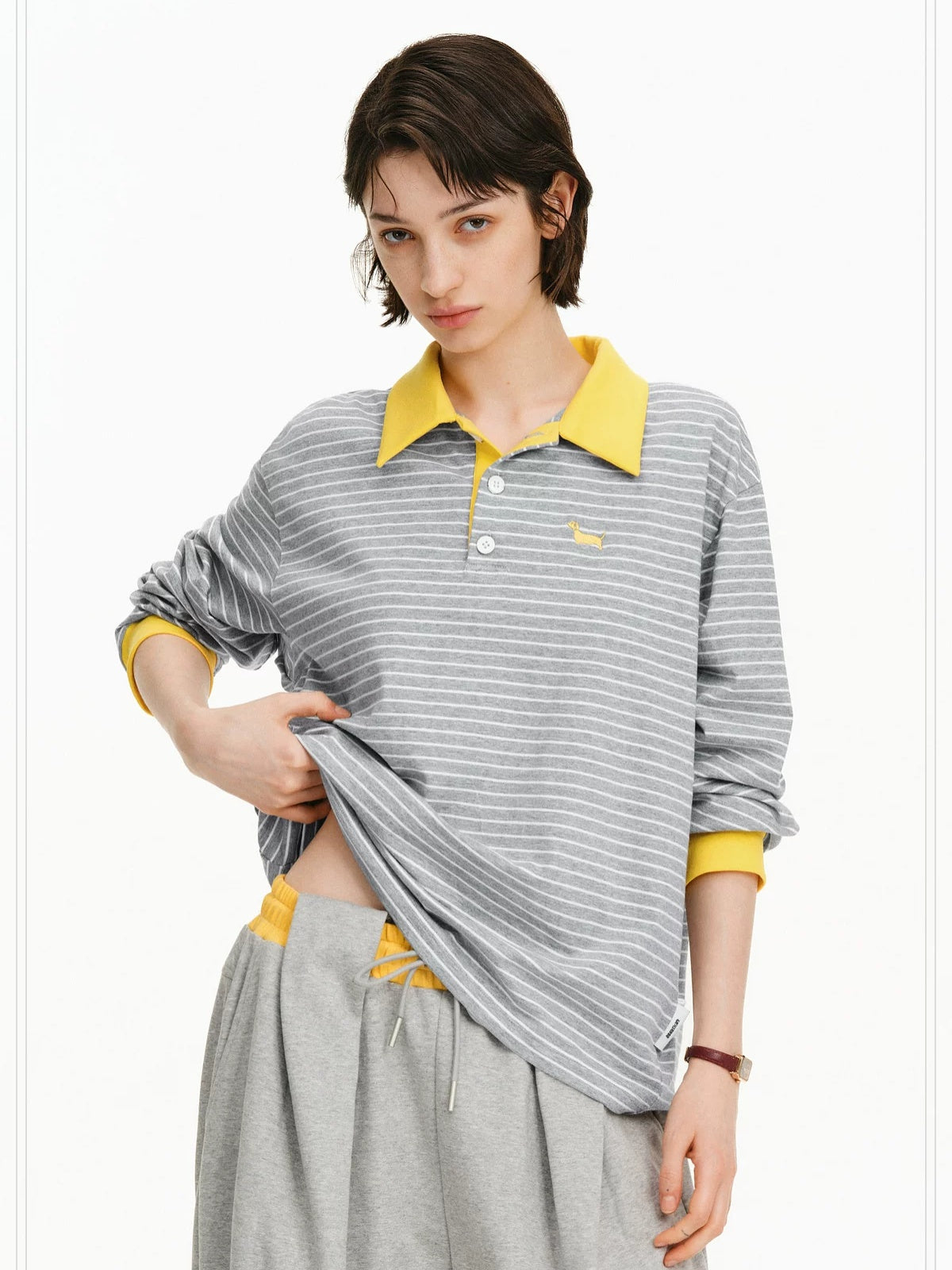 PCLP Breathable Cotton Blend Embroidered Chest Loose Unisex Polo Long Sleeve T-Shirt