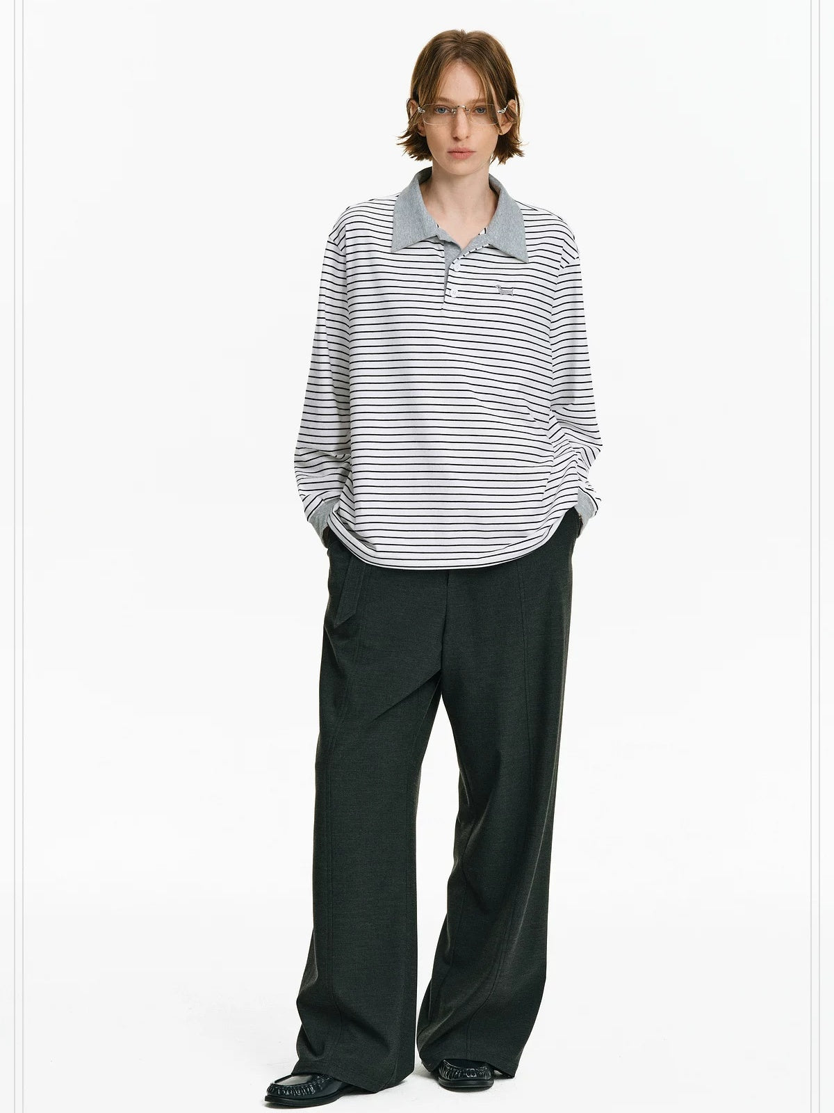 PCLP Breathable Cotton Blend Embroidered Chest Loose Unisex Polo Long Sleeve T-Shirt