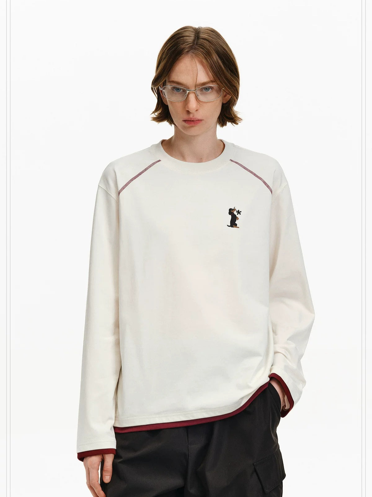 PCLP Breathable Cotton Blend Loose Faux Layer Animal Print Women Long Sleeve T-Shirt