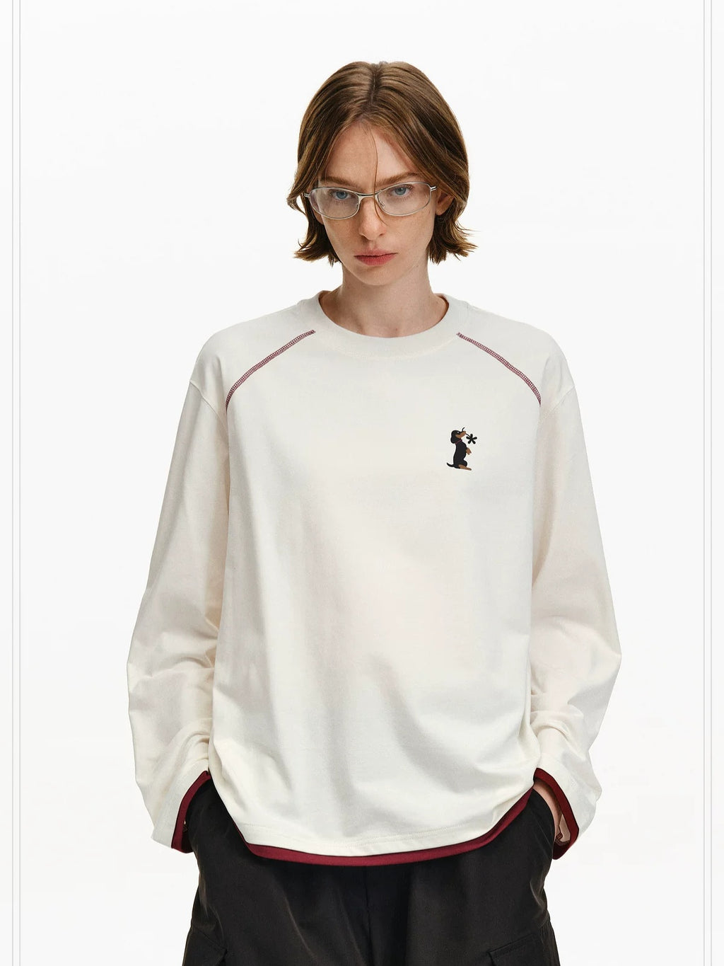 PCLP Breathable Cotton Blend Loose Faux Layer Animal Print Women Long Sleeve T-Shirt