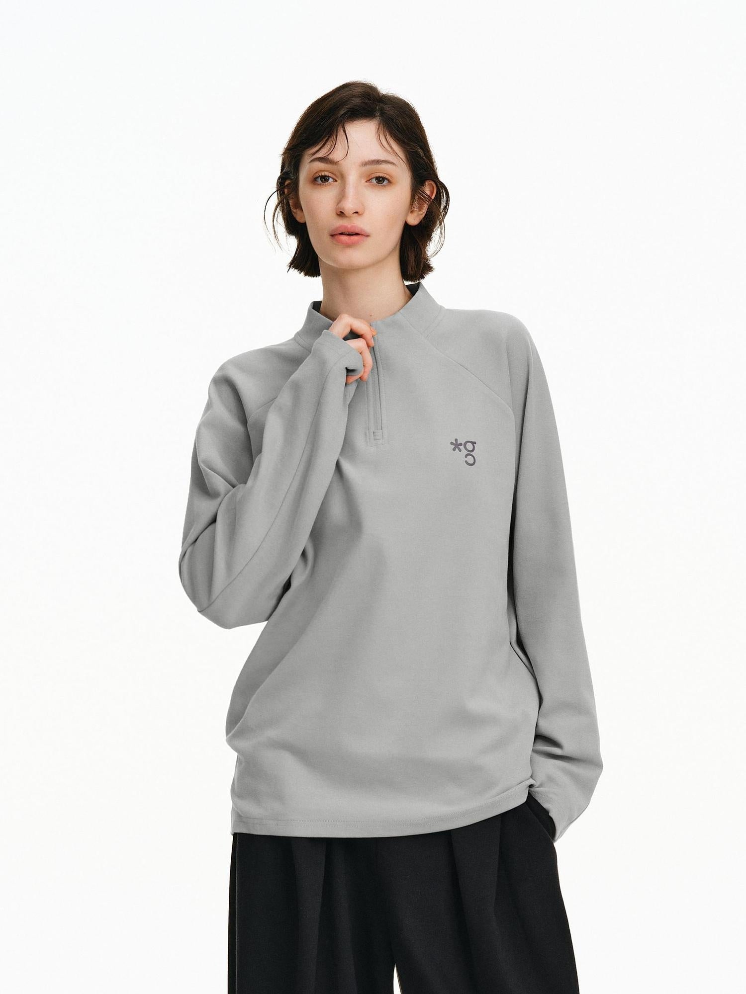 PCLP Breathable Cotton Double Zipper Loose Unisex Geometric Print Long Sleeve T-Shirt