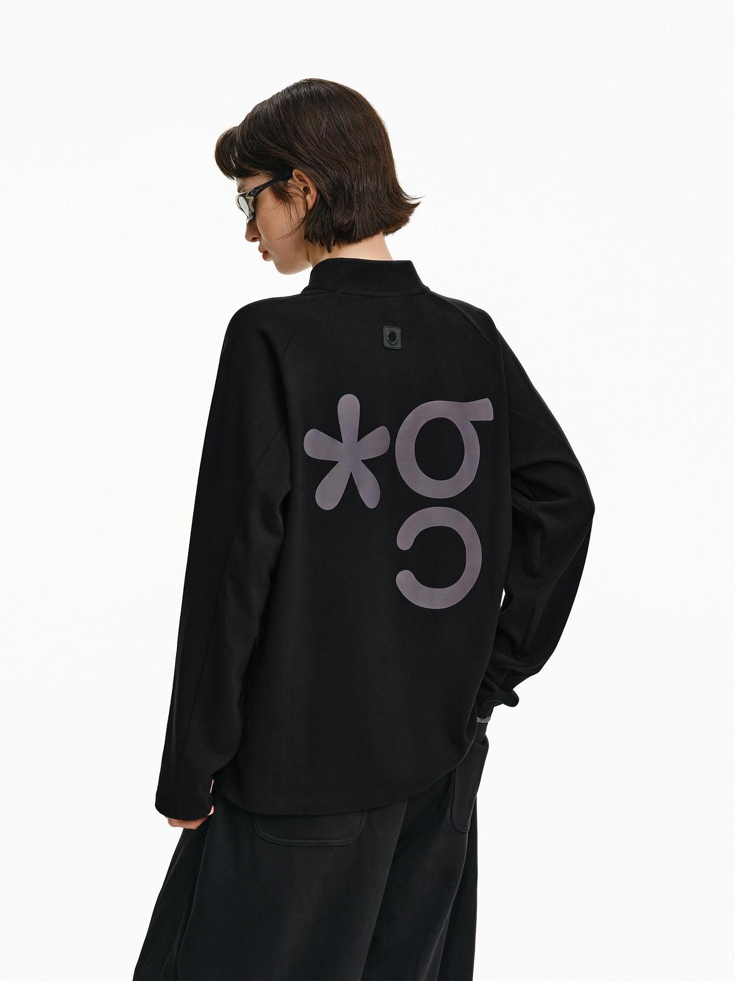 PCLP Breathable Cotton Double Zipper Loose Unisex Geometric Print Long Sleeve T-Shirt