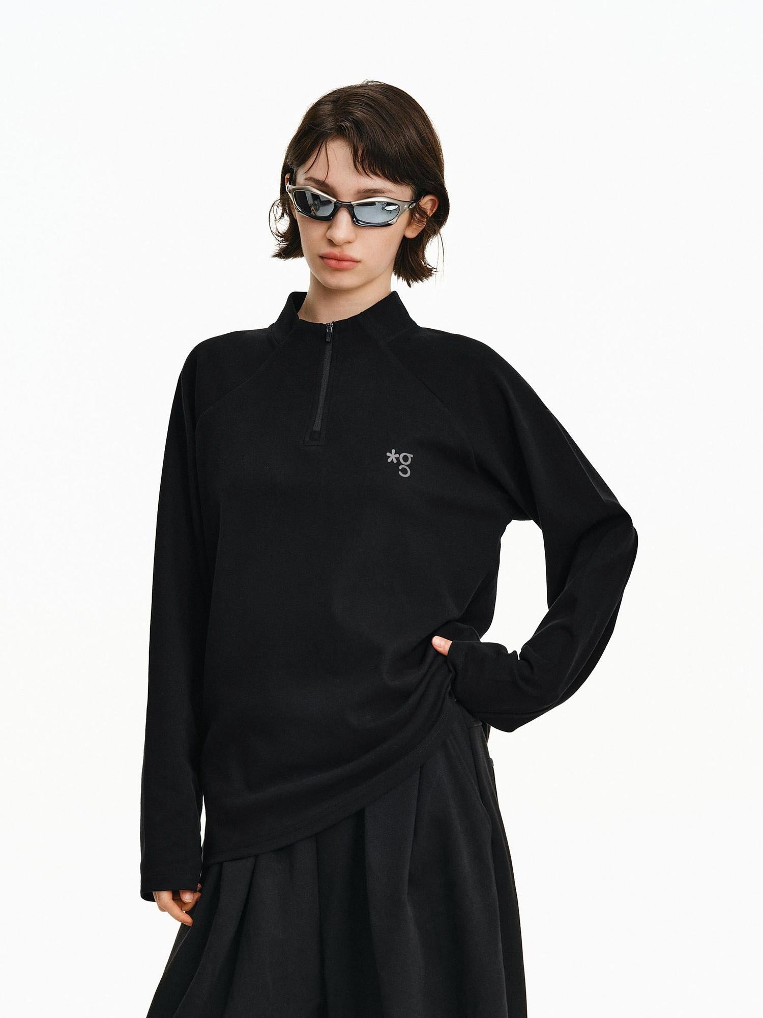 PCLP Breathable Cotton Double Zipper Loose Unisex Geometric Print Long Sleeve T-Shirt