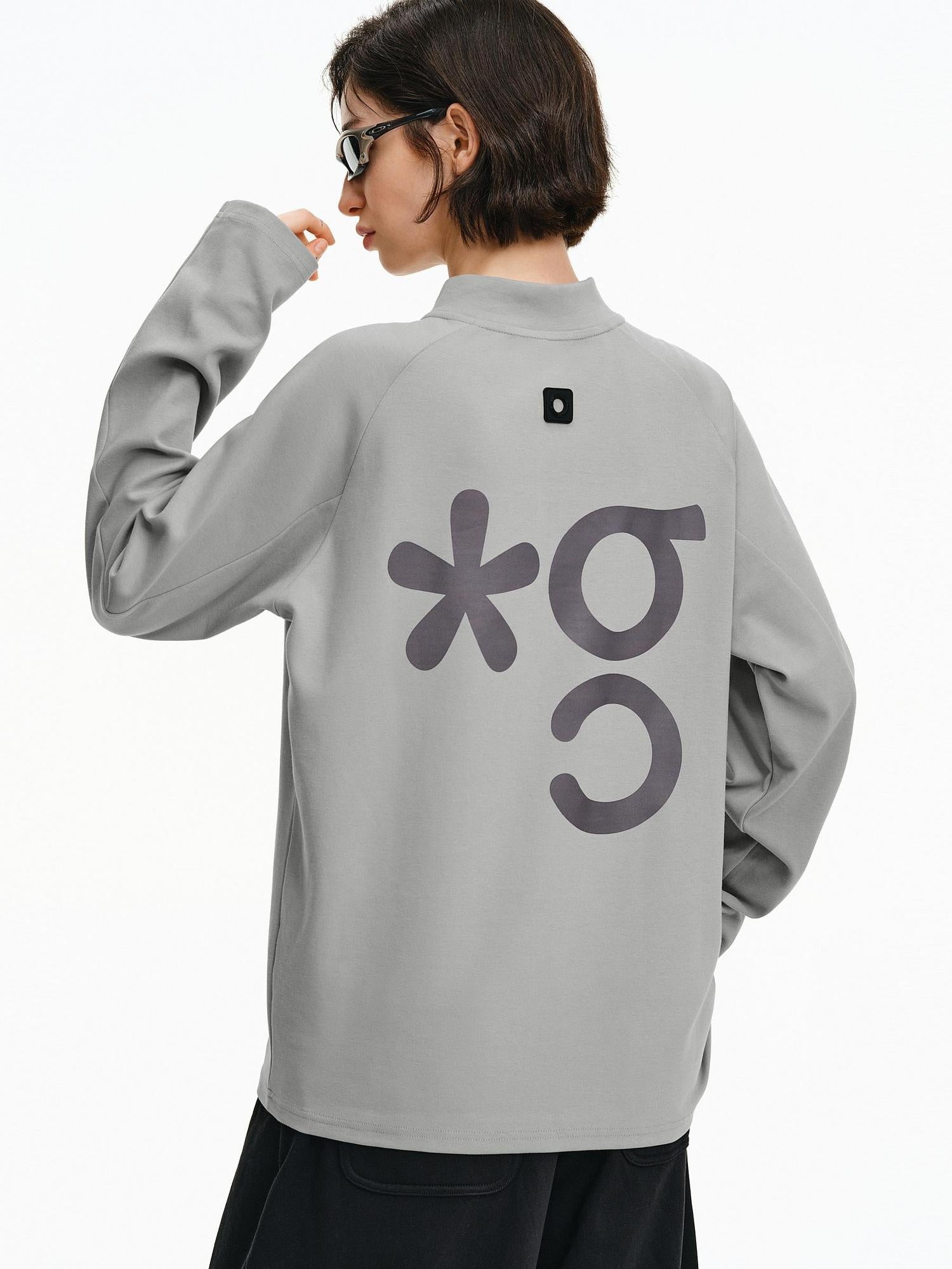 PCLP Breathable Cotton Double Zipper Loose Unisex Geometric Print Long Sleeve T-Shirt