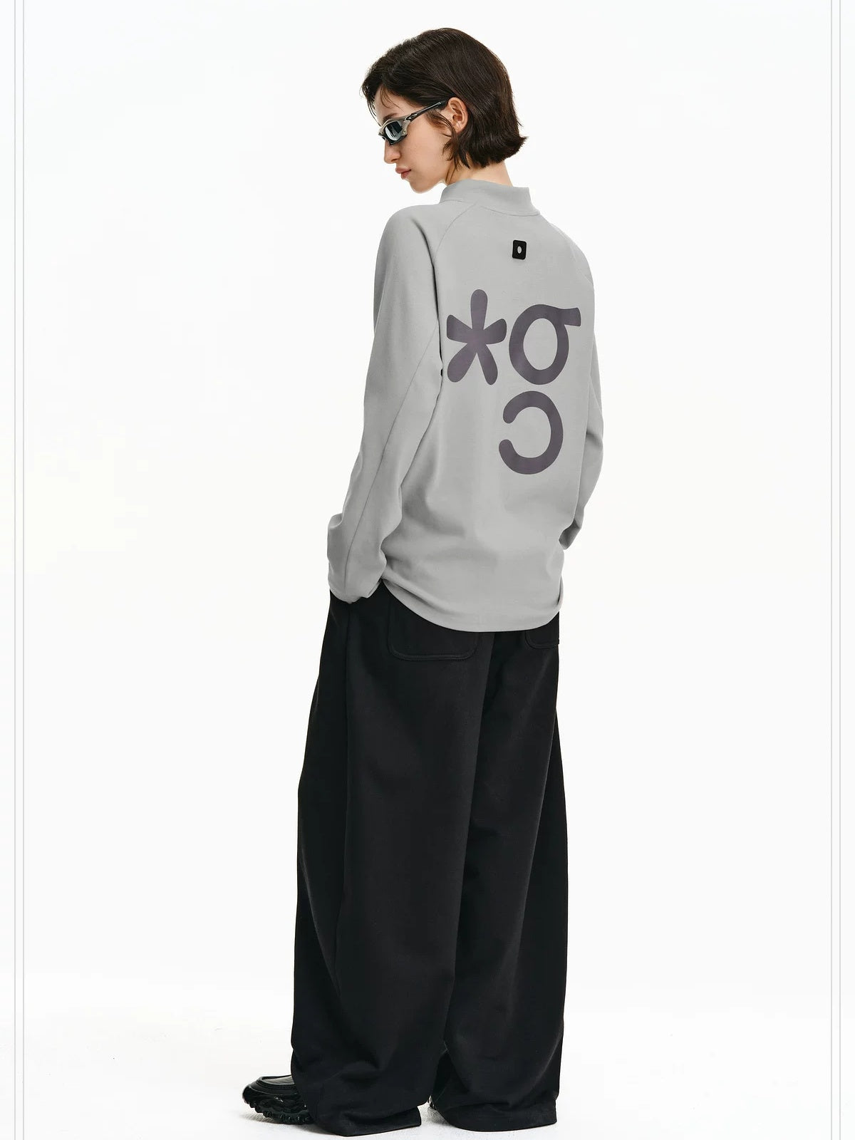 PCLP Breathable Cotton Double Zipper Loose Unisex Geometric Print Long Sleeve T-Shirt