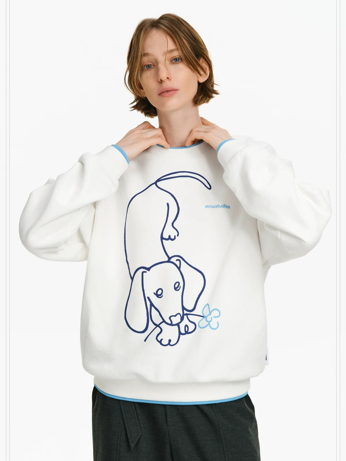 PCLP Breathable Cotton Loose Colorblock Unisex Animal Print Long Sleeve T-Shirt