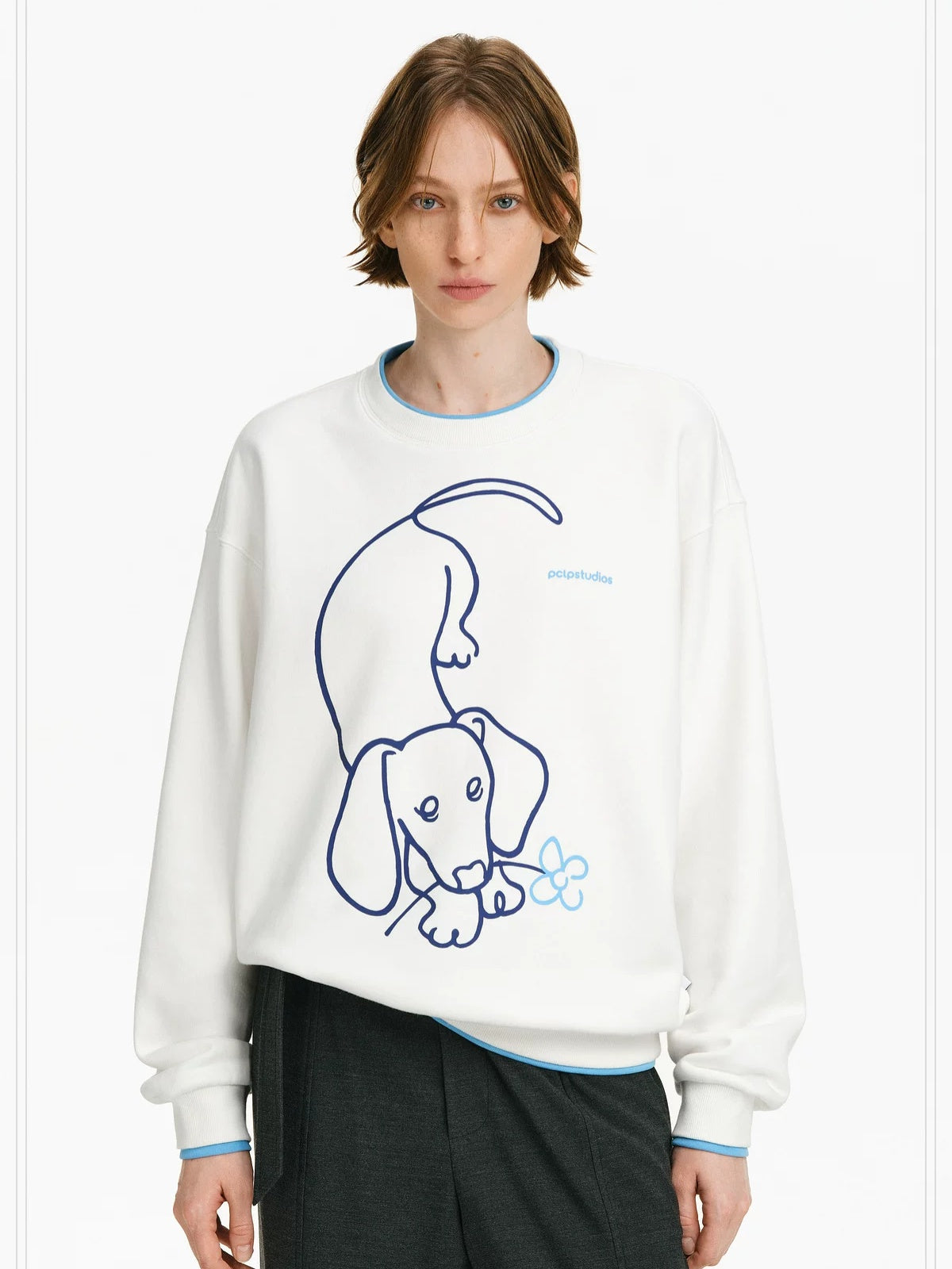 PCLP Breathable Cotton Loose Colorblock Unisex Animal Print Long Sleeve T-Shirt