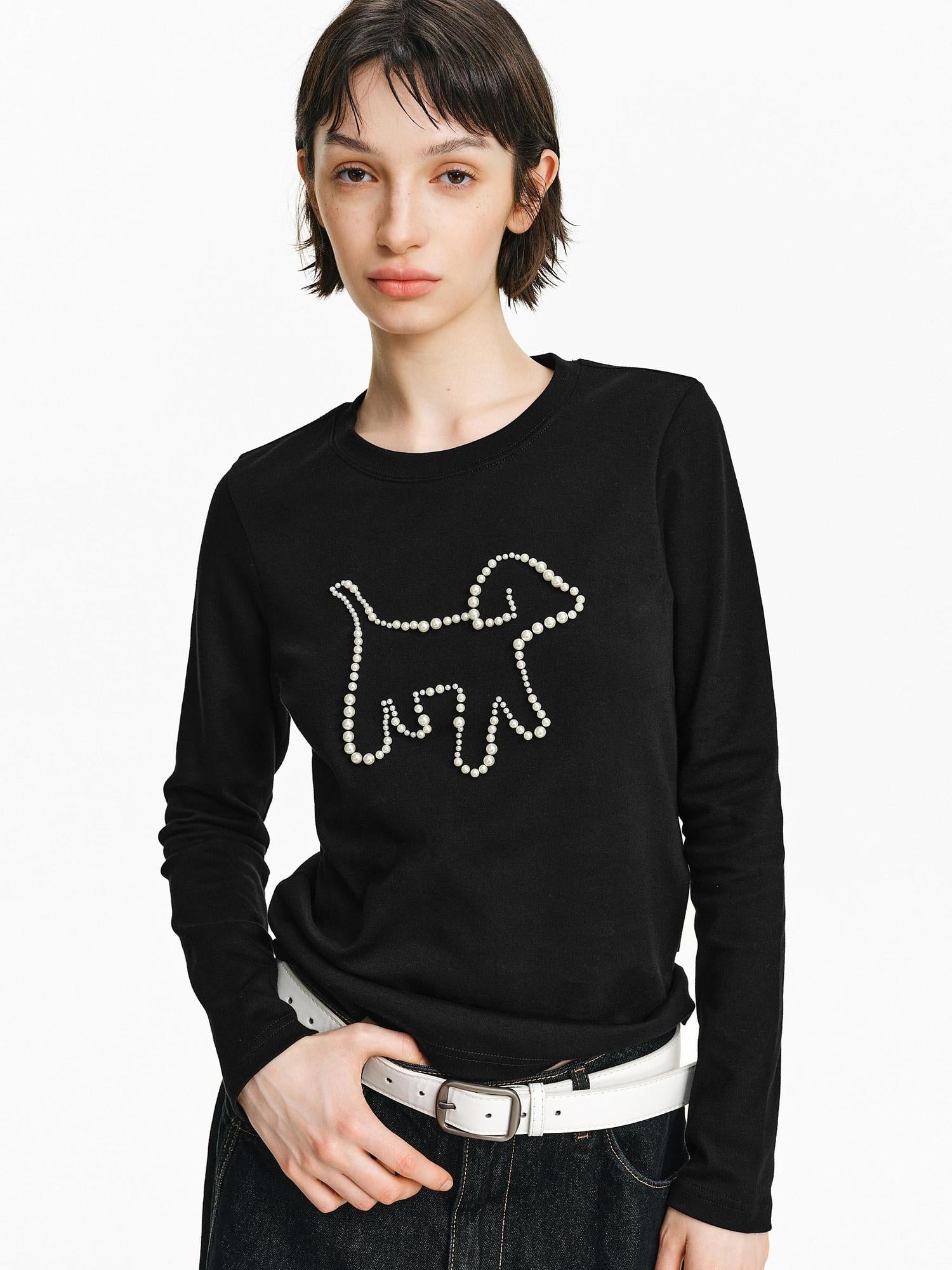 PCLP Breathable Cotton Loose Cropped Men Embroidered Animal Print Long Sleeve T-Shirt