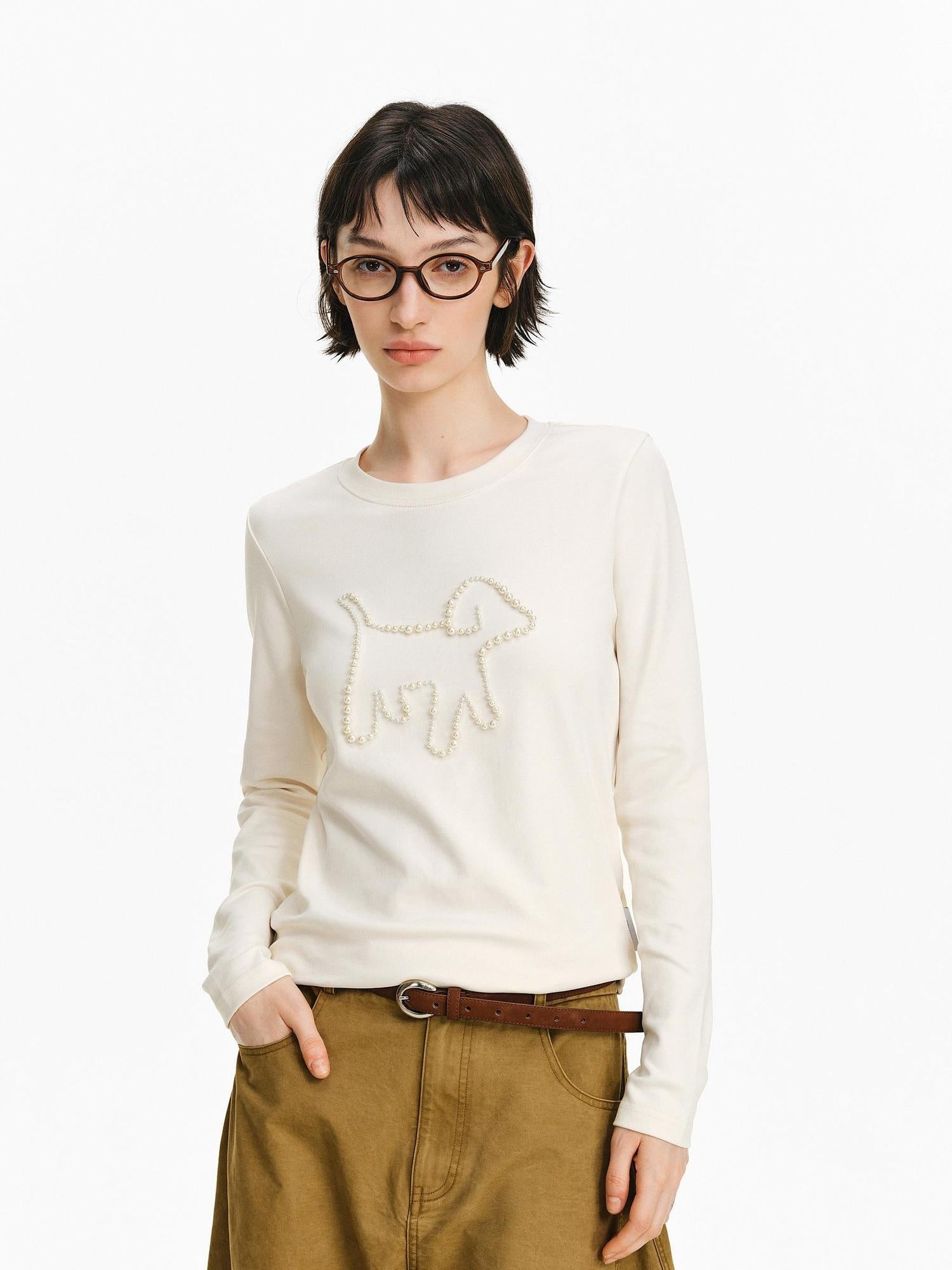 PCLP Breathable Cotton Loose Cropped Men Embroidered Animal Print Long Sleeve T-Shirt