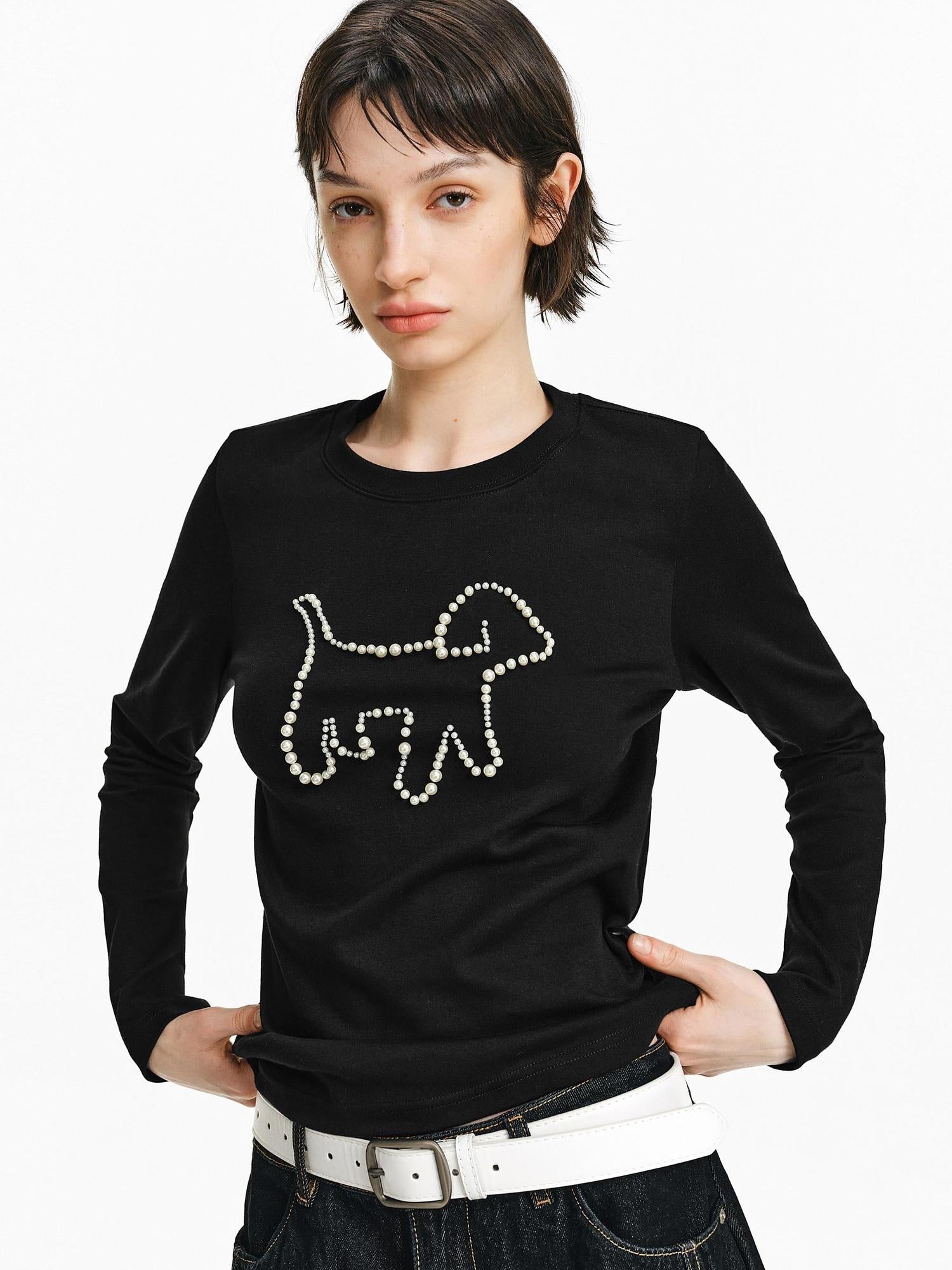 PCLP Breathable Cotton Loose Cropped Men Embroidered Animal Print Long Sleeve T-Shirt