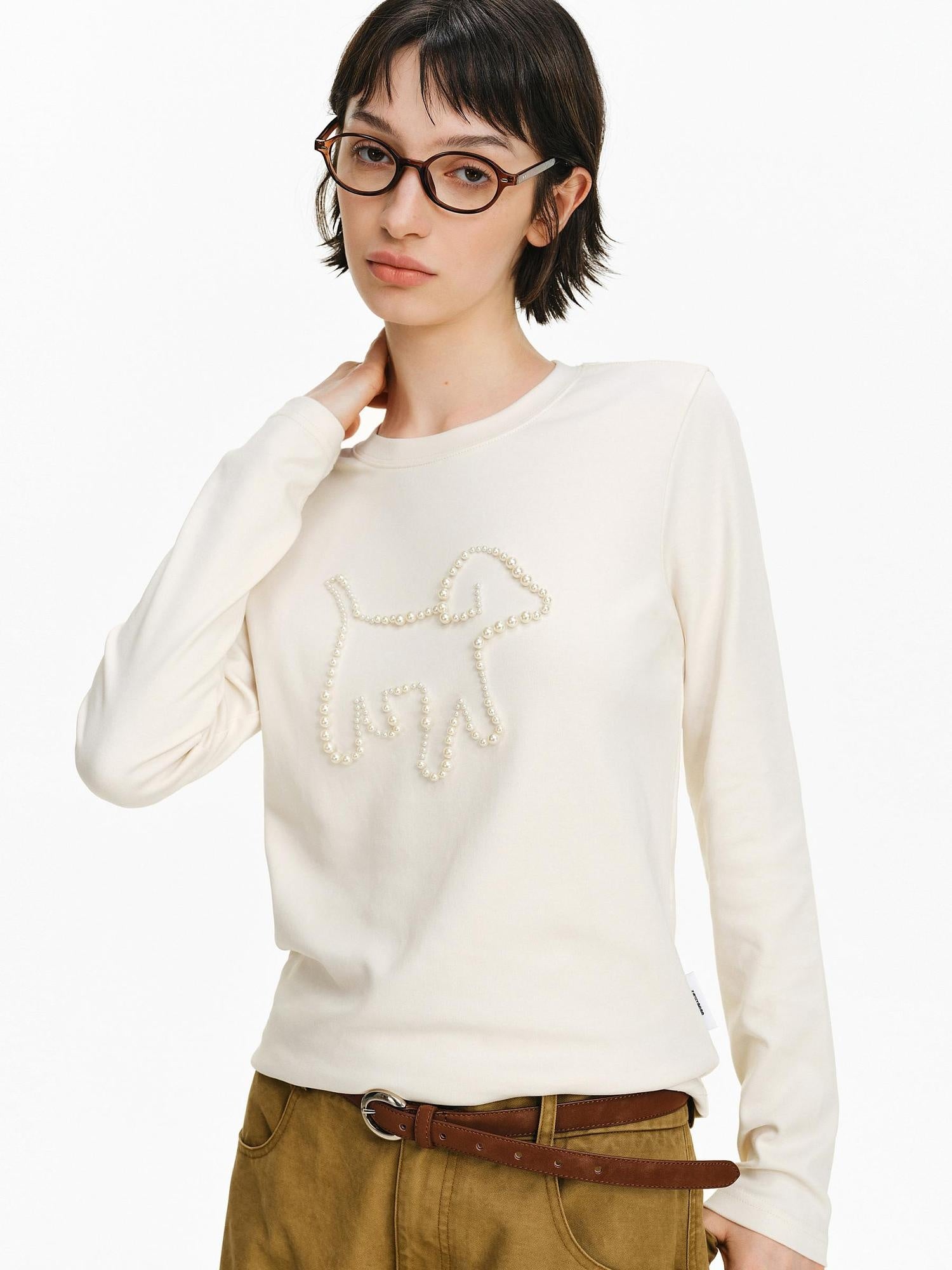 PCLP Breathable Cotton Loose Cropped Men Embroidered Animal Print Long Sleeve T-Shirt