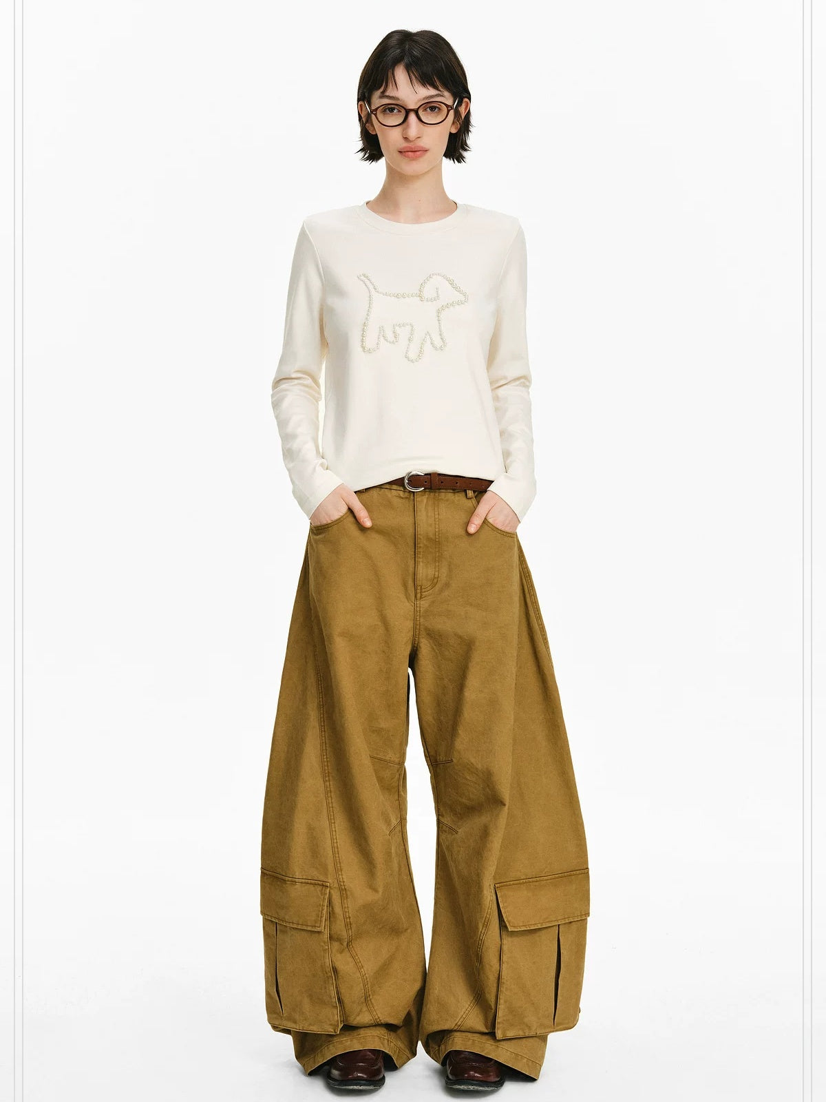 PCLP Breathable Cotton Loose Cropped Men Embroidered Animal Print Long Sleeve T-Shirt