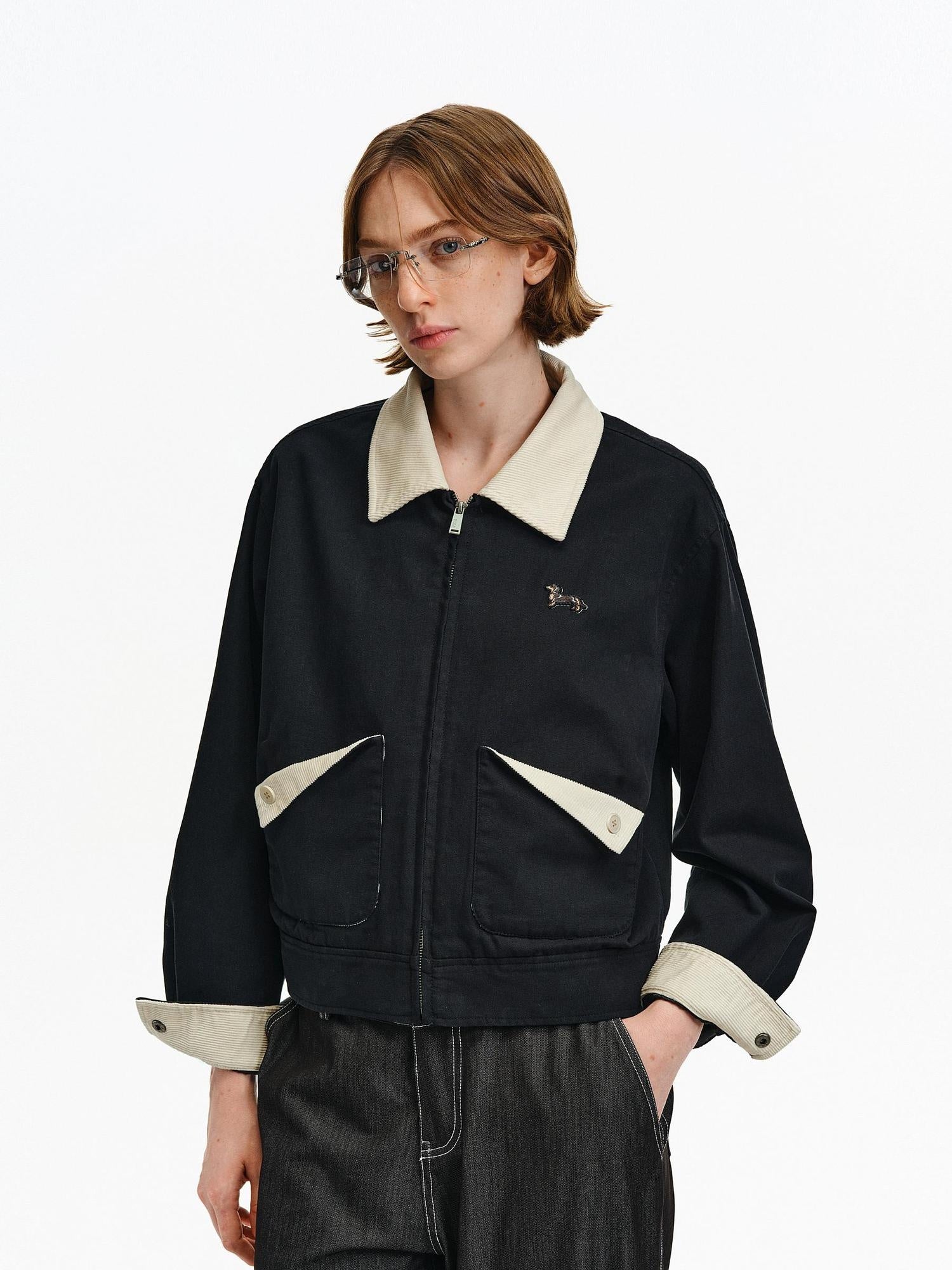 PCLP Breathable Cotton Patchwork Cropped Lapel Zipper Unisex Animal Jacket