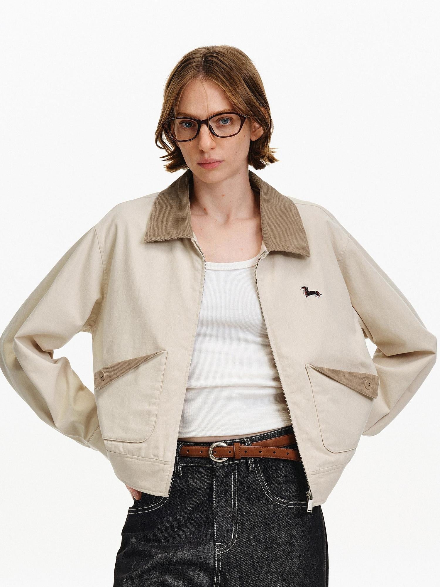 PCLP Breathable Cotton Patchwork Cropped Lapel Zipper Unisex Animal Jacket