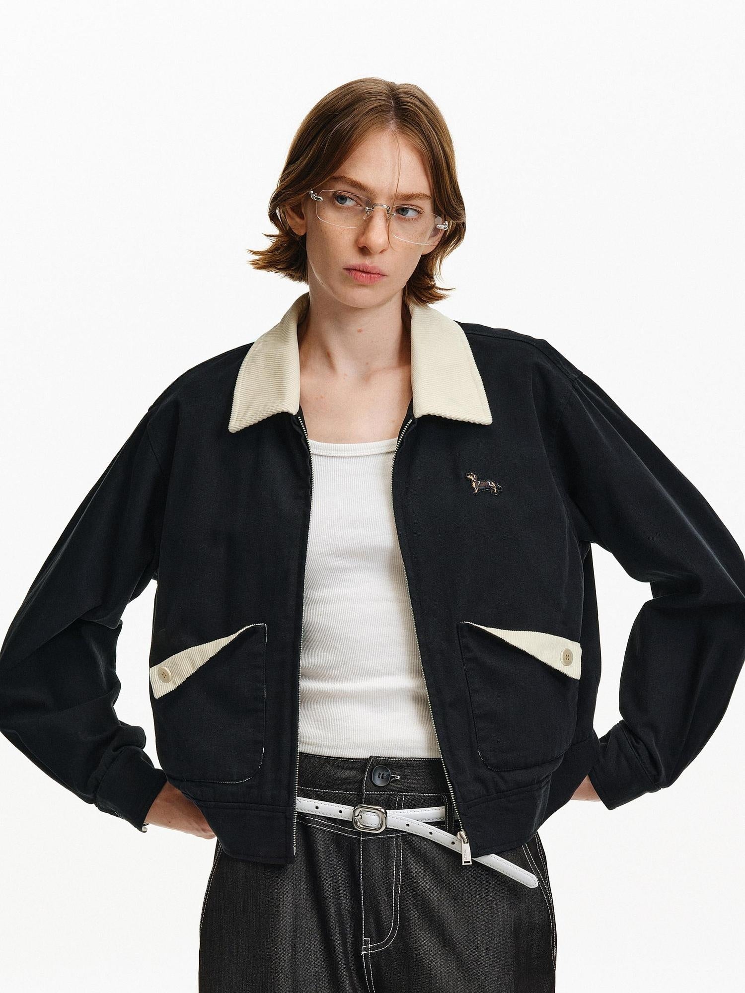 PCLP Breathable Cotton Patchwork Cropped Lapel Zipper Unisex Animal Jacket