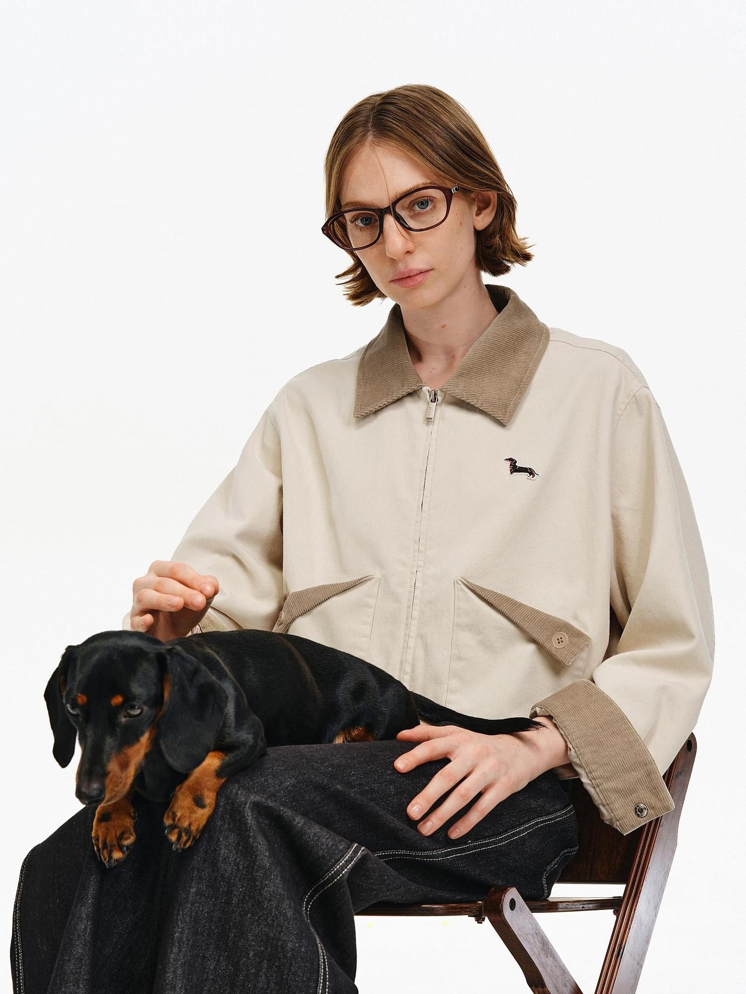 PCLP Breathable Cotton Patchwork Cropped Lapel Zipper Unisex Animal Jacket