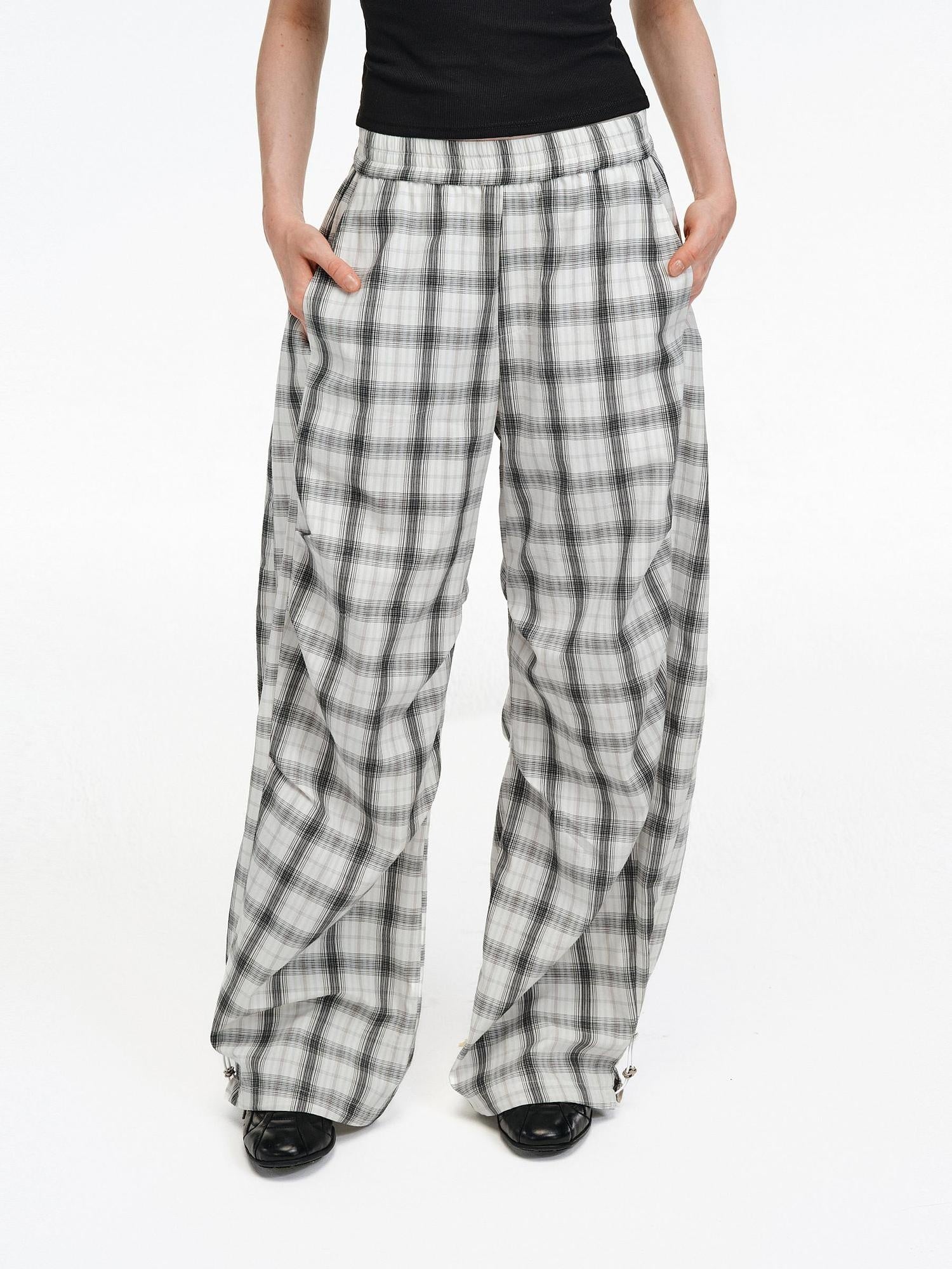 PCLP Breathable Cotton Plaid Pocket Pleated Straight Leg Youthful Casual Women Pants