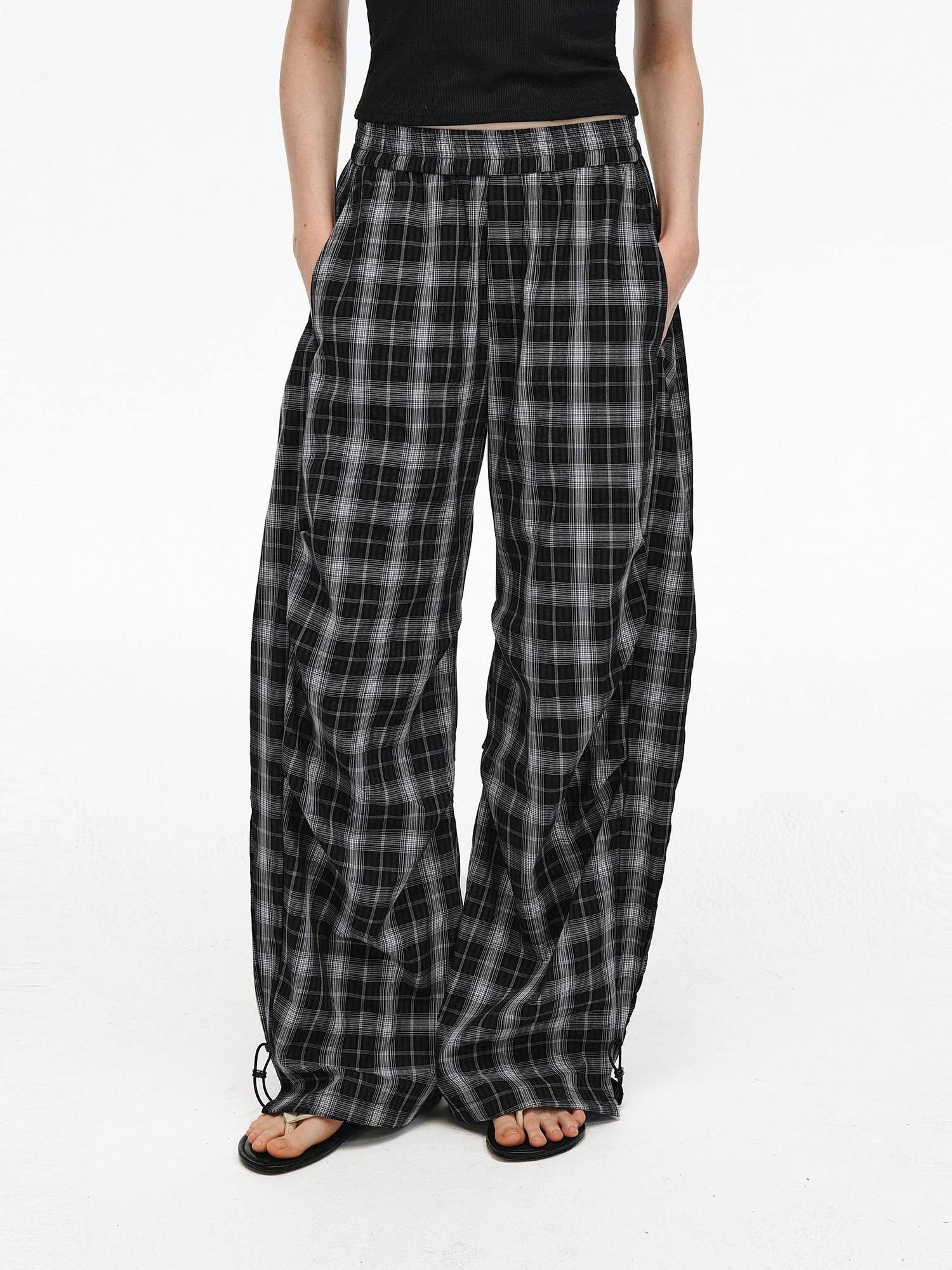 PCLP Breathable Cotton Plaid Pocket Pleated Straight Leg Youthful Casual Women Pants