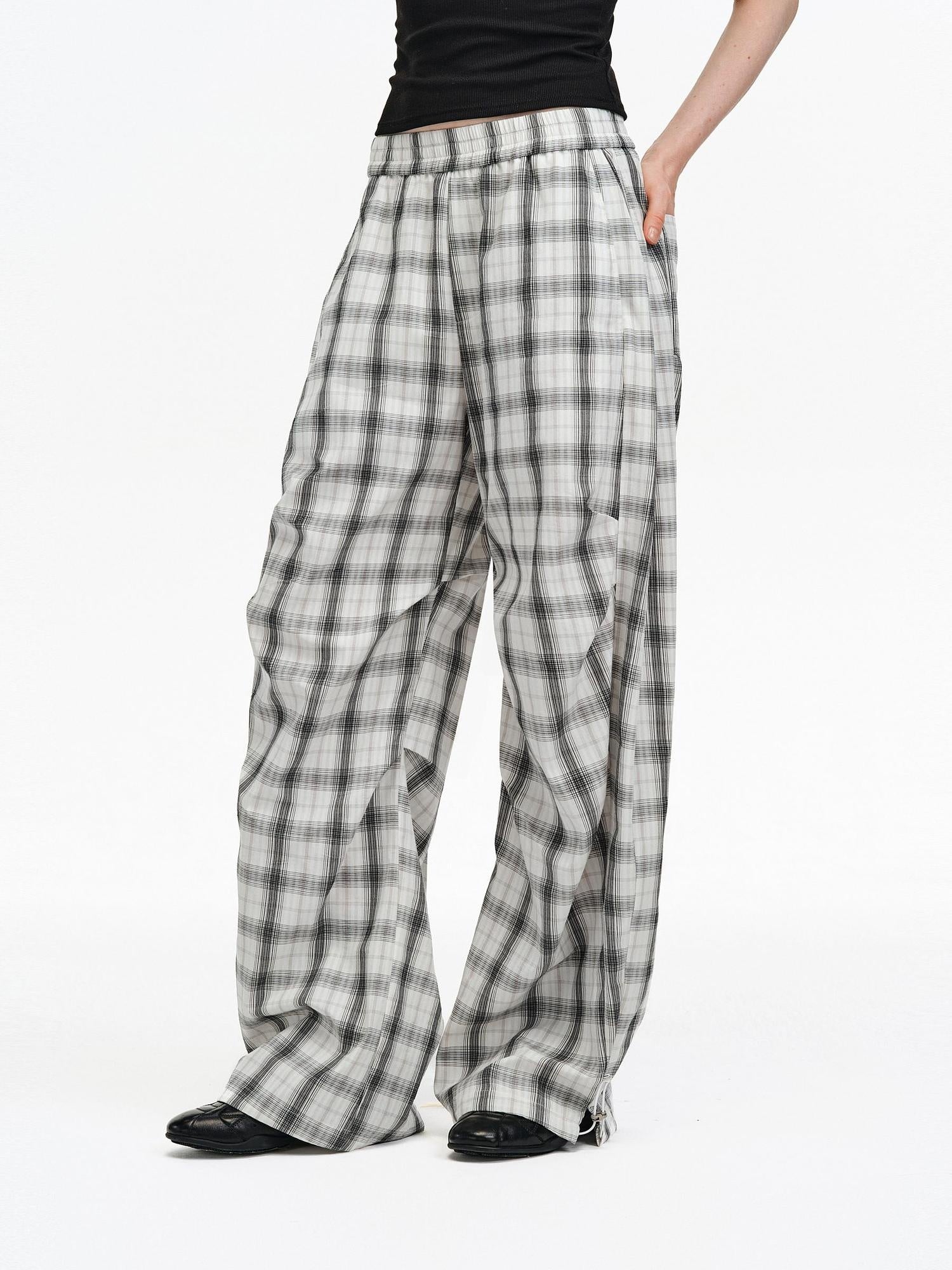 PCLP Breathable Cotton Plaid Pocket Pleated Straight Leg Youthful Casual Women Pants