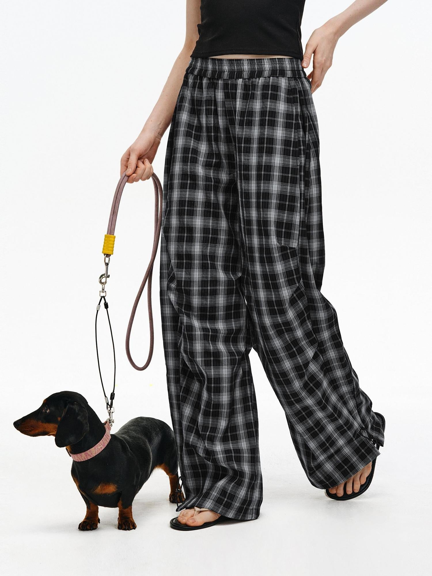 PCLP Breathable Cotton Plaid Pocket Pleated Straight Leg Youthful Casual Women Pants