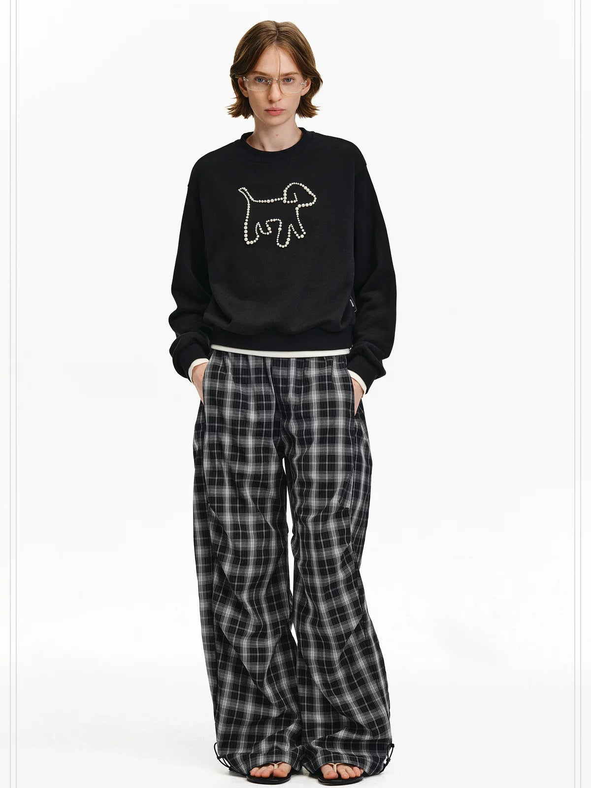 PCLP Breathable Cotton Plaid Pocket Pleated Straight Leg Youthful Casual Women Pants