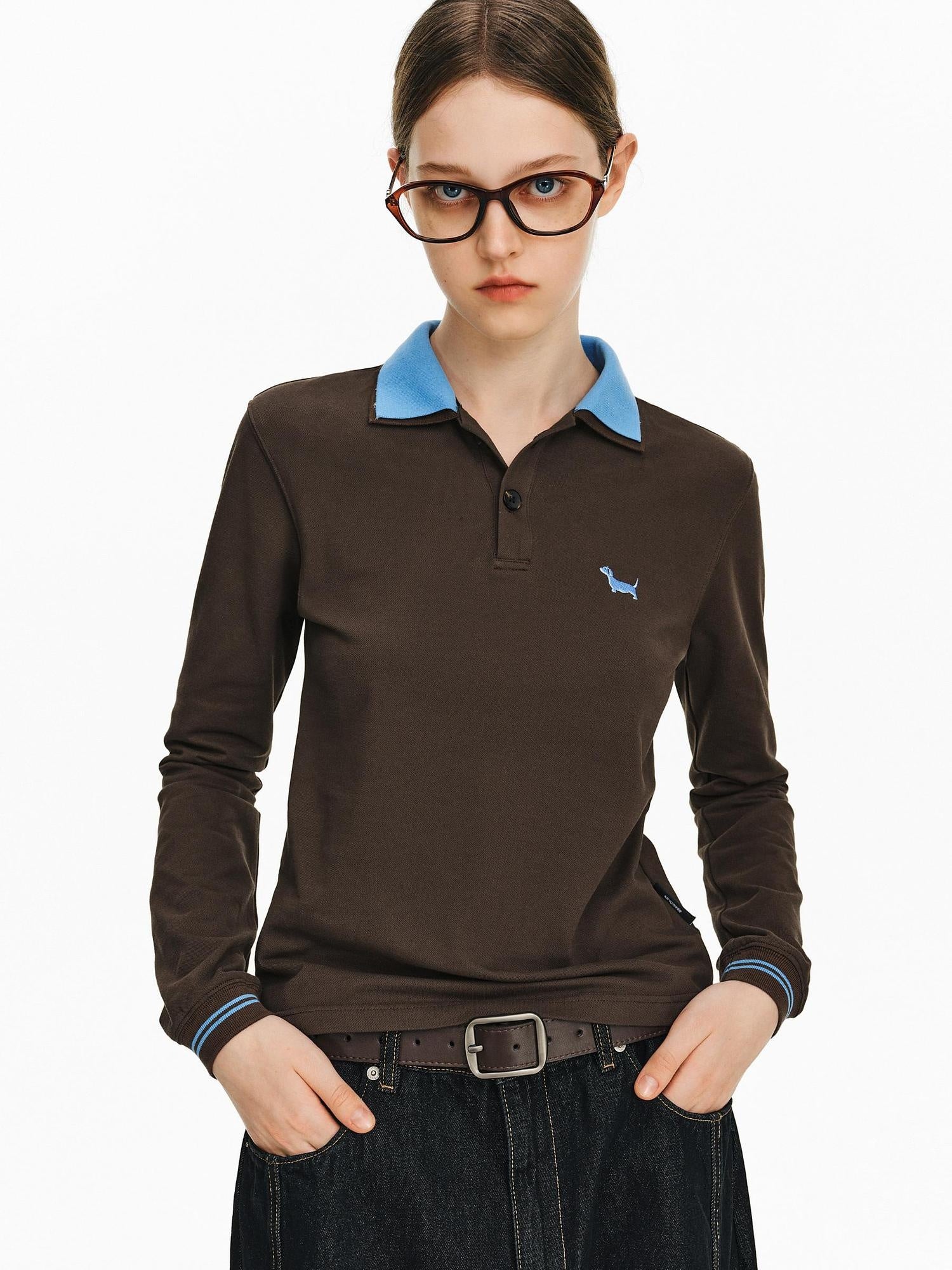 PCLP Breathable Cotton Slim Polo Collar Animal Print Cropped Long Sleeve T-Shirt