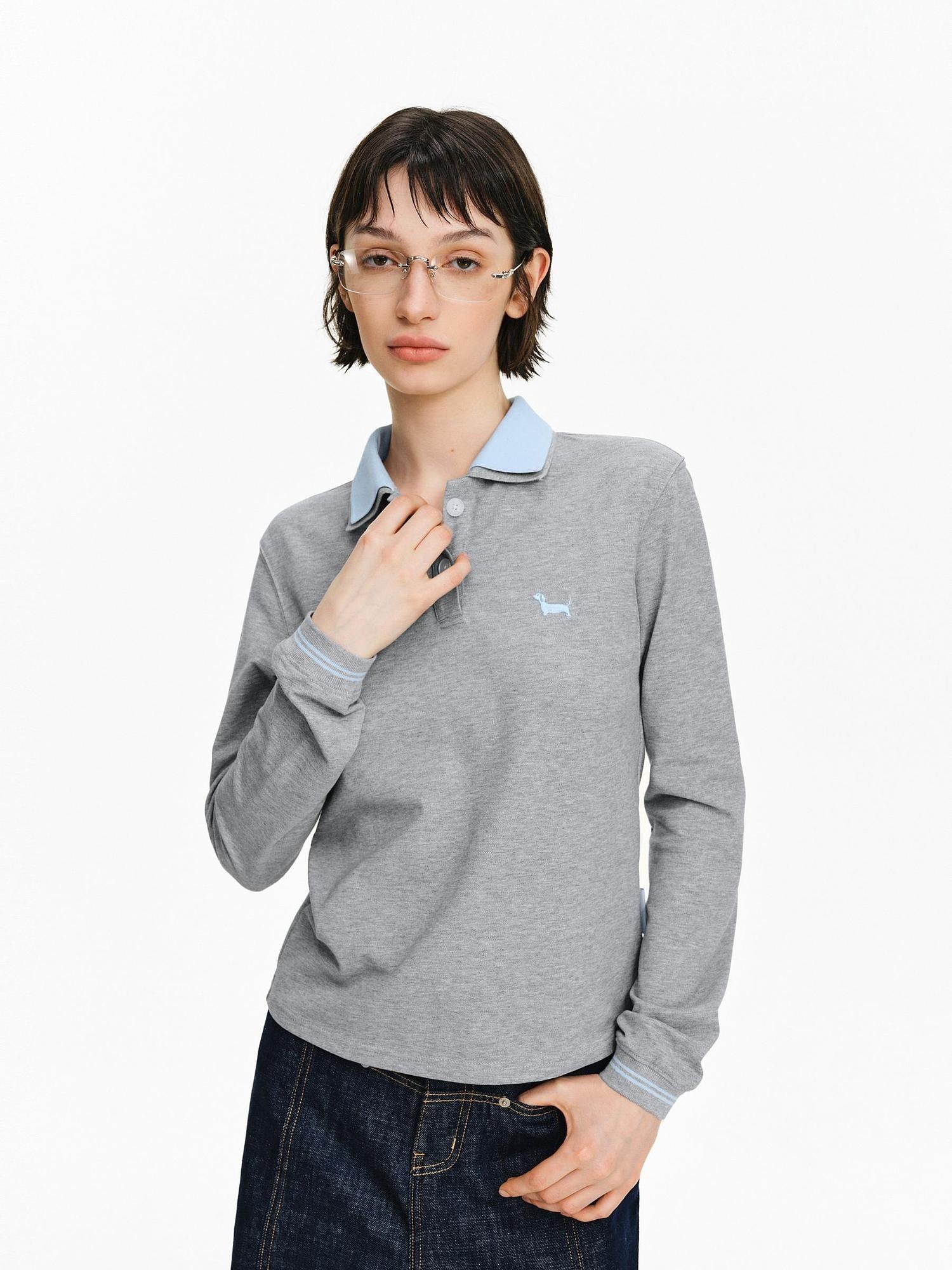 PCLP Breathable Cotton Slim Polo Collar Animal Print Cropped Long Sleeve T-Shirt