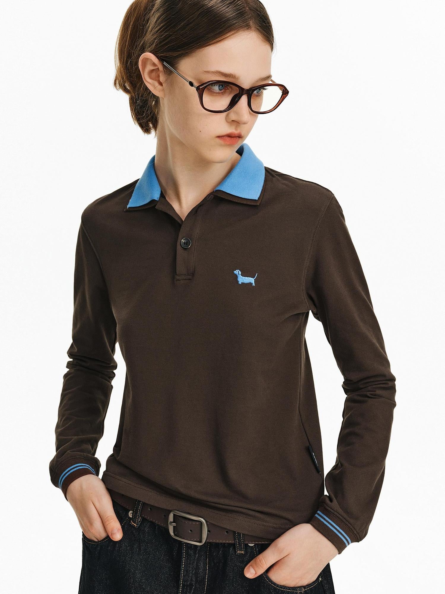 PCLP Breathable Cotton Slim Polo Collar Animal Print Cropped Long Sleeve T-Shirt