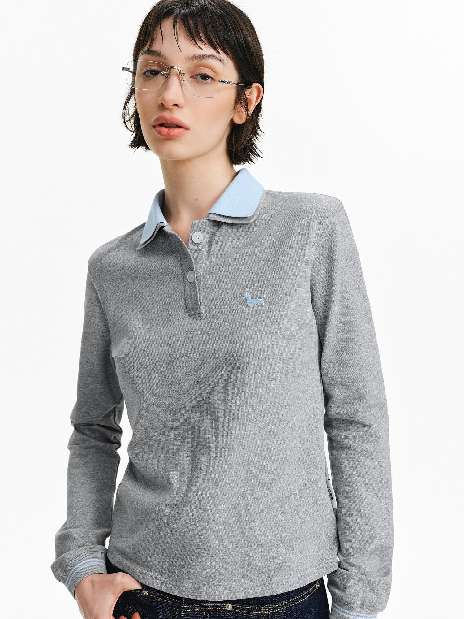 PCLP Breathable Cotton Slim Polo Collar Animal Print Cropped Long Sleeve T-Shirt