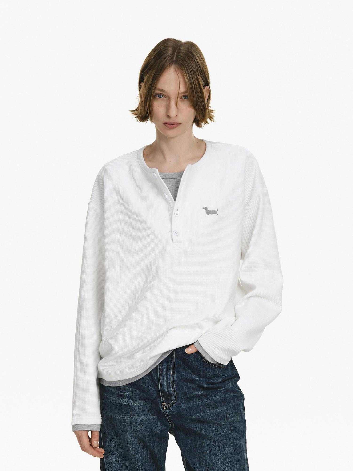 PCLP Breathable Embroidered Animal Print Loose Fit Cotton Blend Long Sleeve T-Shirt