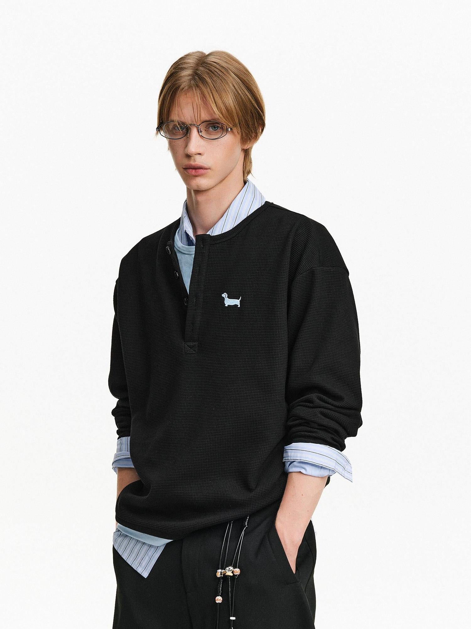 PCLP Breathable Embroidered Animal Print Loose Fit Cotton Blend Long Sleeve T-Shirt