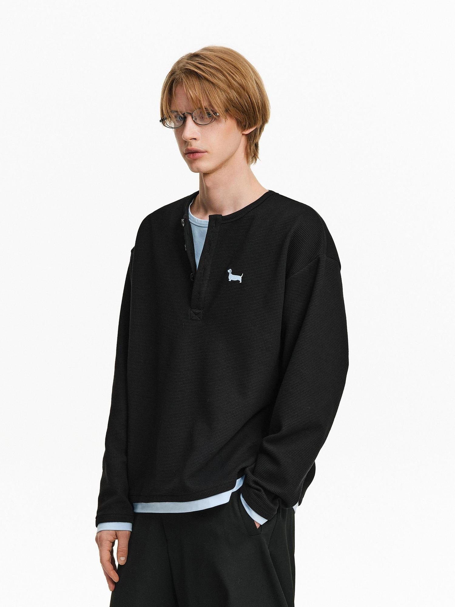 PCLP Breathable Embroidered Animal Print Loose Fit Cotton Blend Long Sleeve T-Shirt