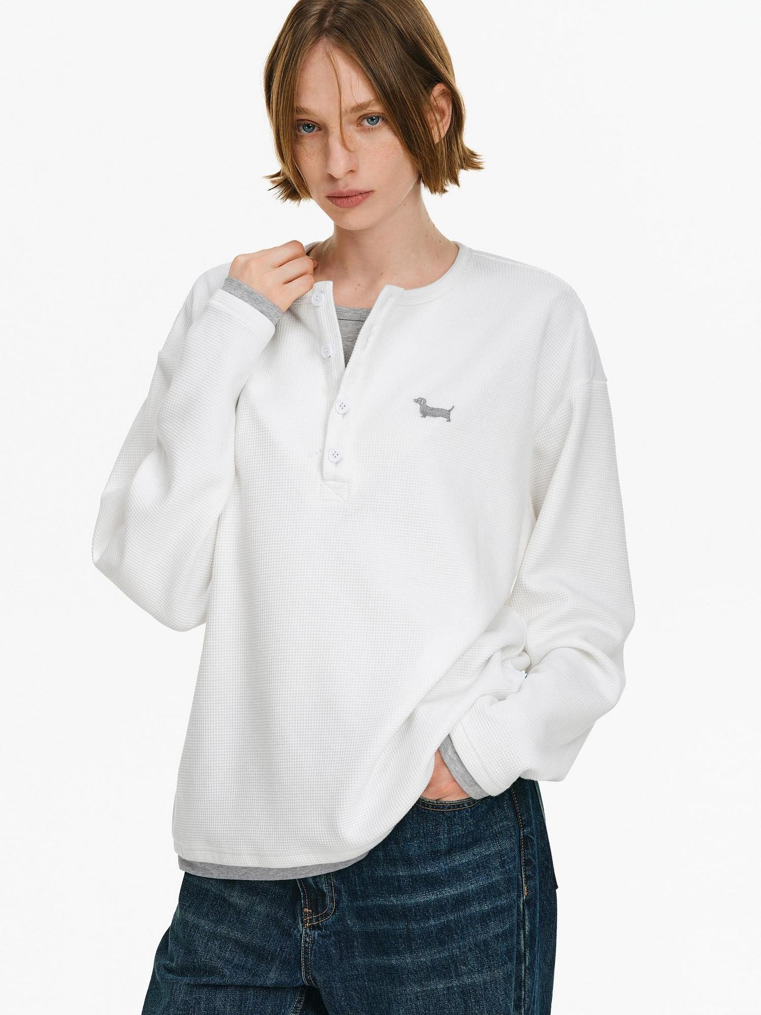 PCLP Breathable Embroidered Animal Print Loose Fit Cotton Blend Long Sleeve T-Shirt