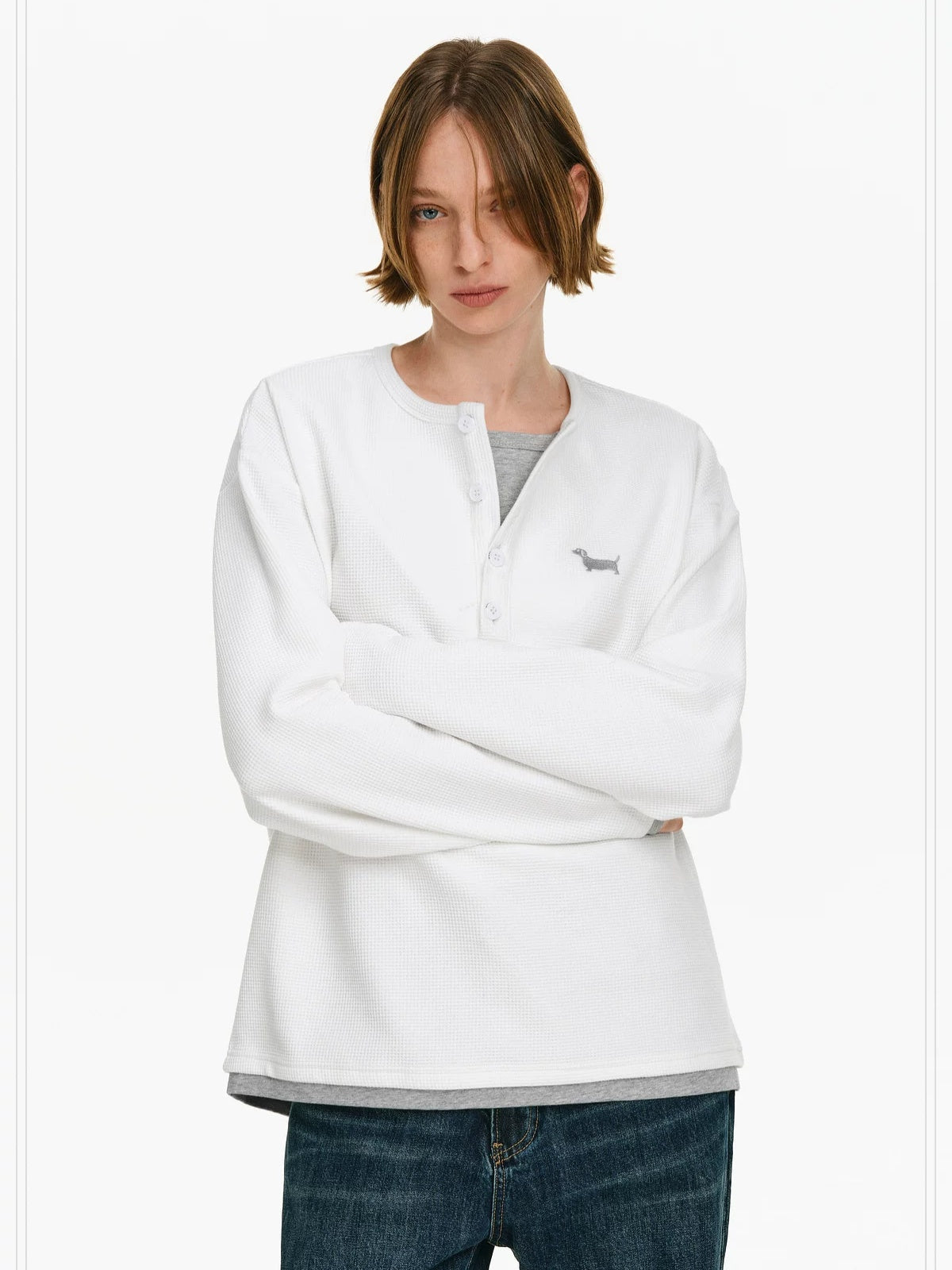 PCLP Breathable Embroidered Animal Print Loose Fit Cotton Blend Long Sleeve T-Shirt