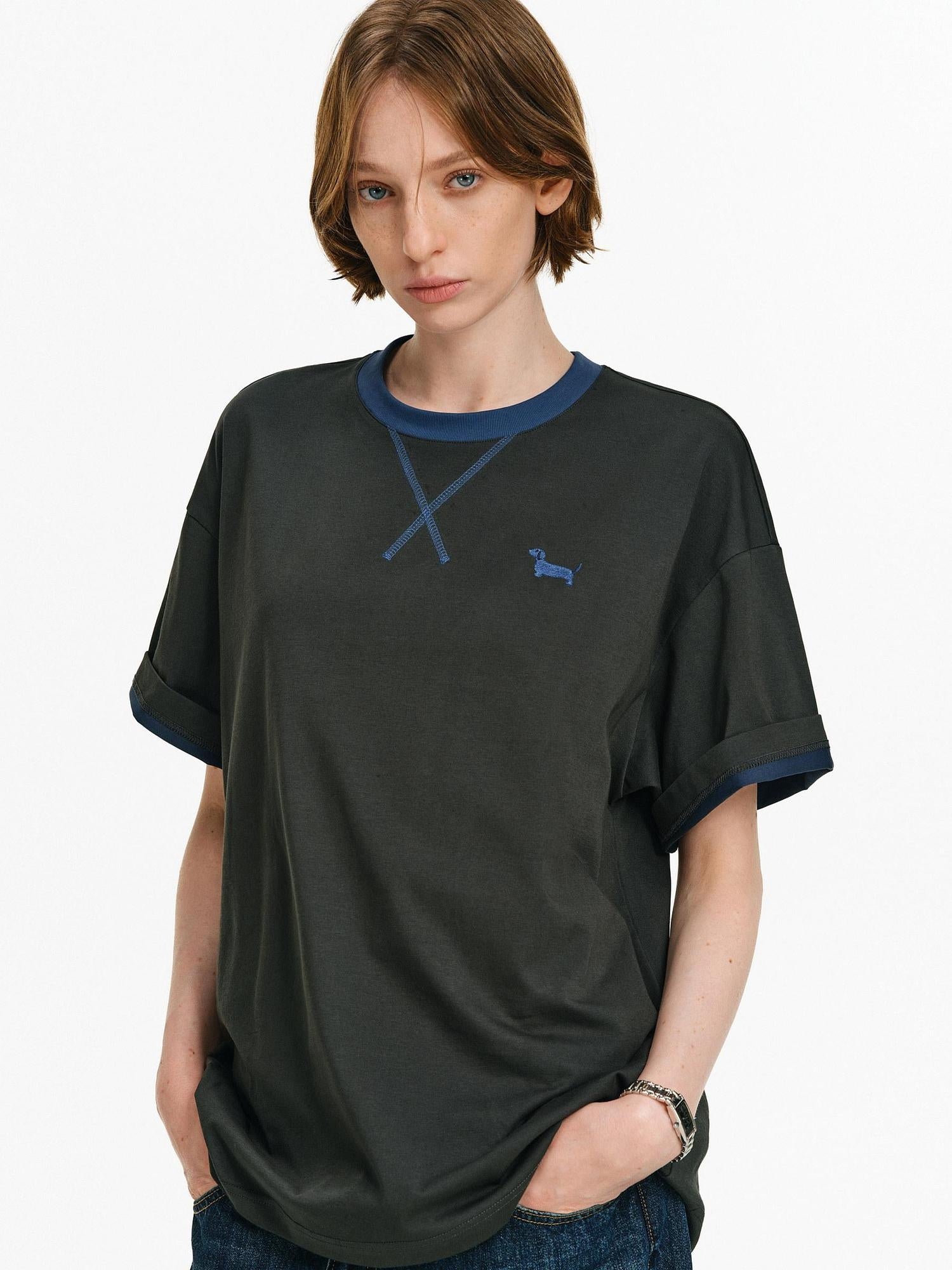 PCLP Breathable Embroidered Animal Print Loose Fit Unisex Cotton Blend Crew T-Shirt