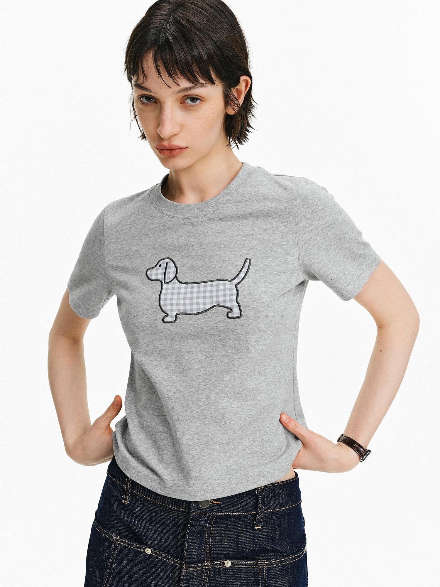 PCLP Breathable Embroidered Animal Print Slim Crew Neck Women Short Sleeve T-Shirt