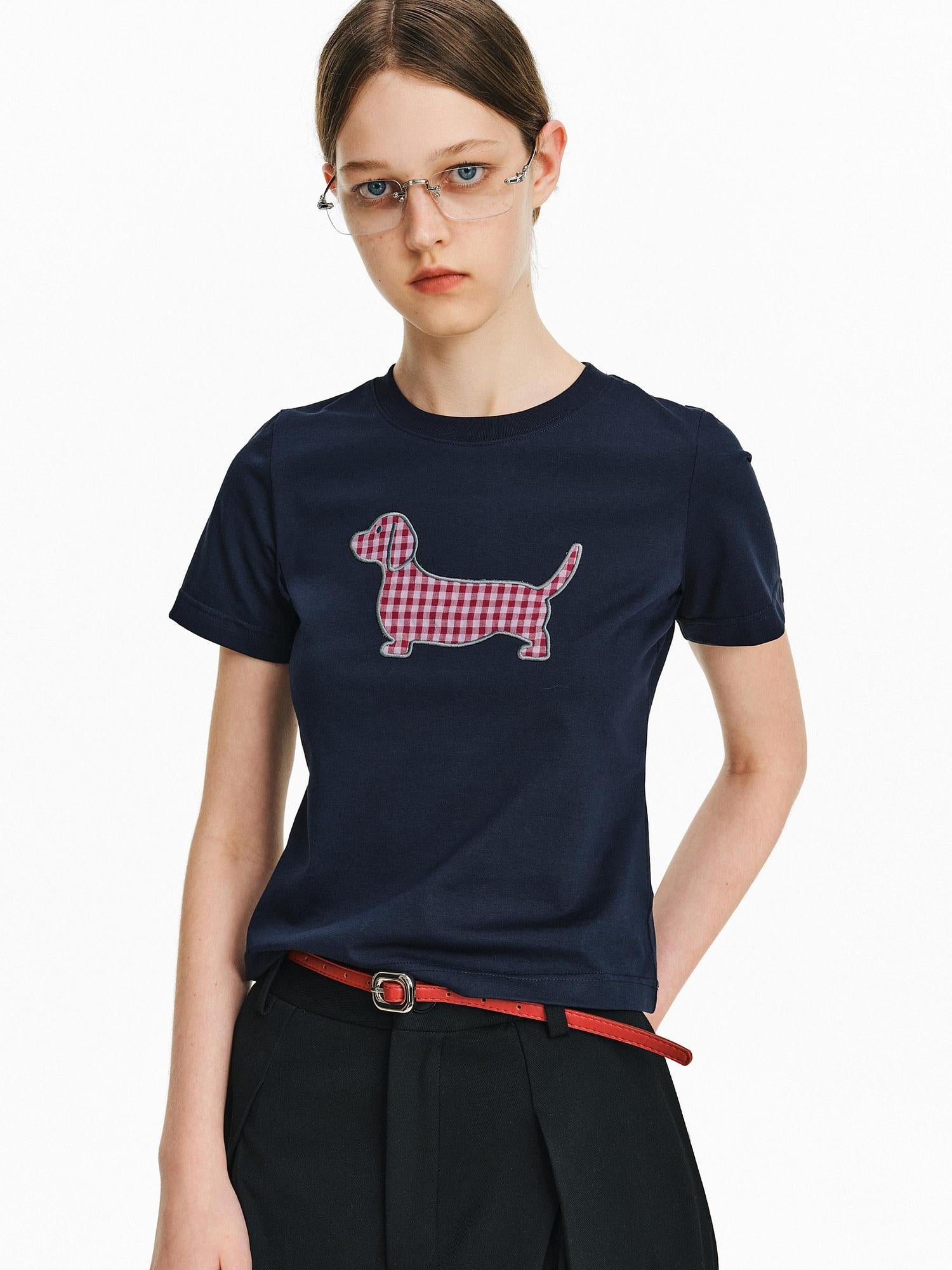 PCLP Breathable Embroidered Animal Print Slim Crew Neck Women Short Sleeve T-Shirt