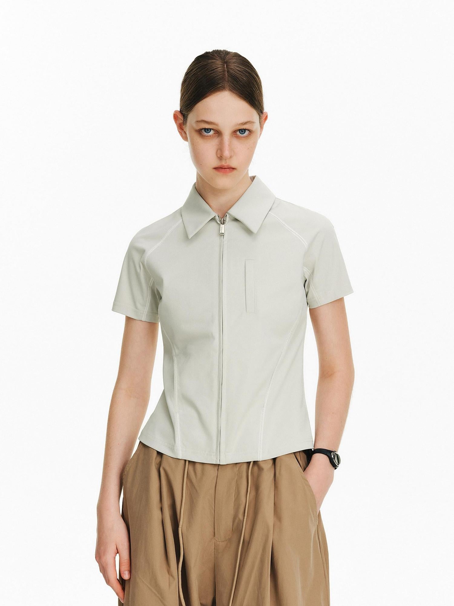 PCLP Breathable Geometric Polo Zipper Short Sleeve Standard Women Everyday T-Shirt