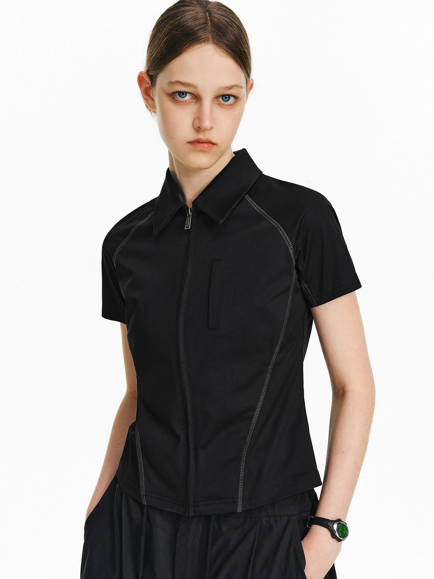 PCLP Breathable Geometric Polo Zipper Short Sleeve Standard Women Everyday T-Shirt