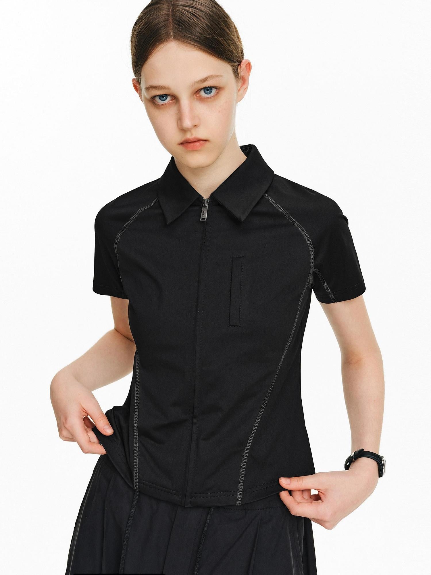PCLP Breathable Geometric Polo Zipper Short Sleeve Standard Women Everyday T-Shirt