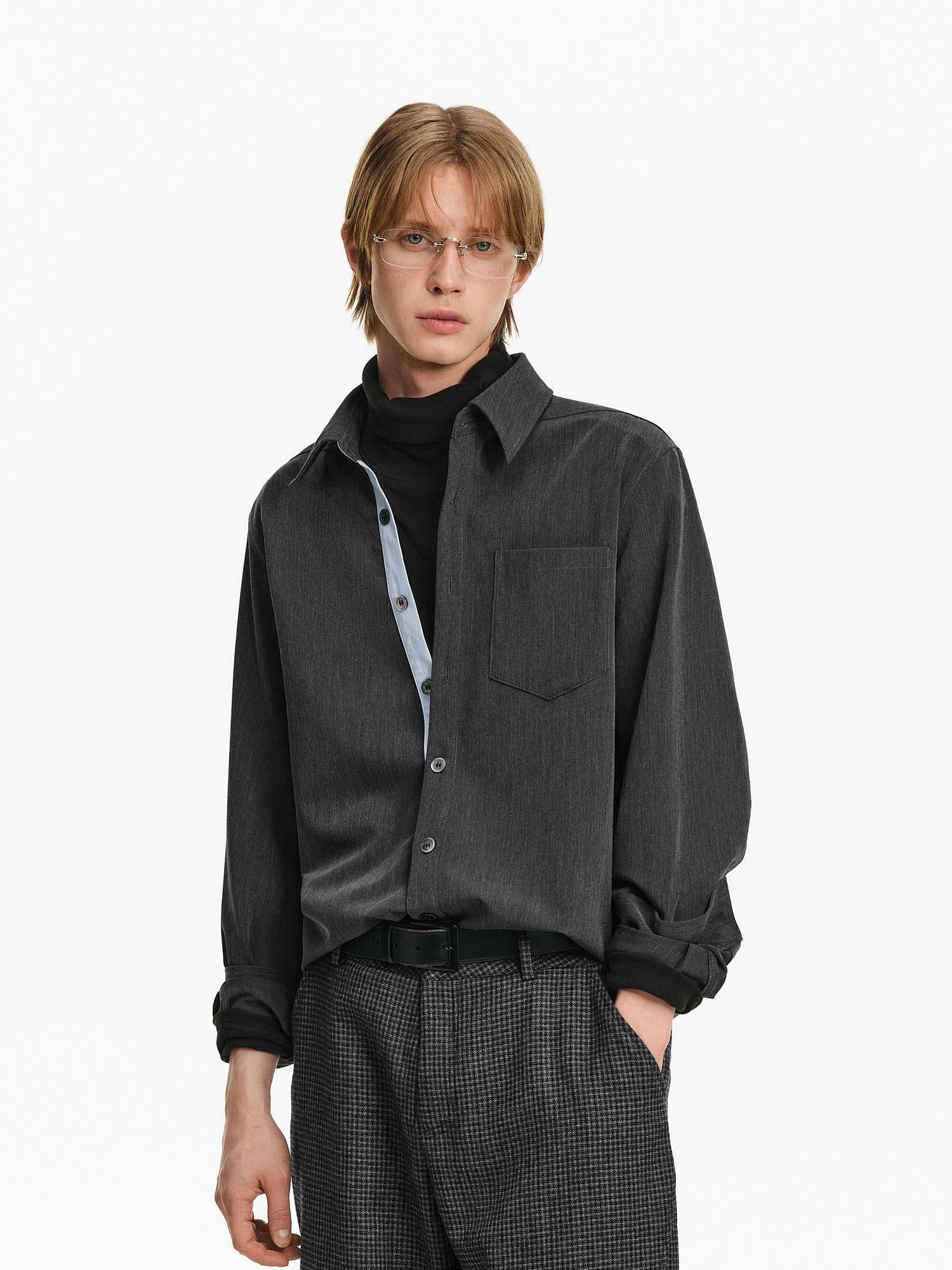 PCLP Breathable Loose Colorblock Button Polo Unisex Patch Pocket Long Sleeve T-Shirt